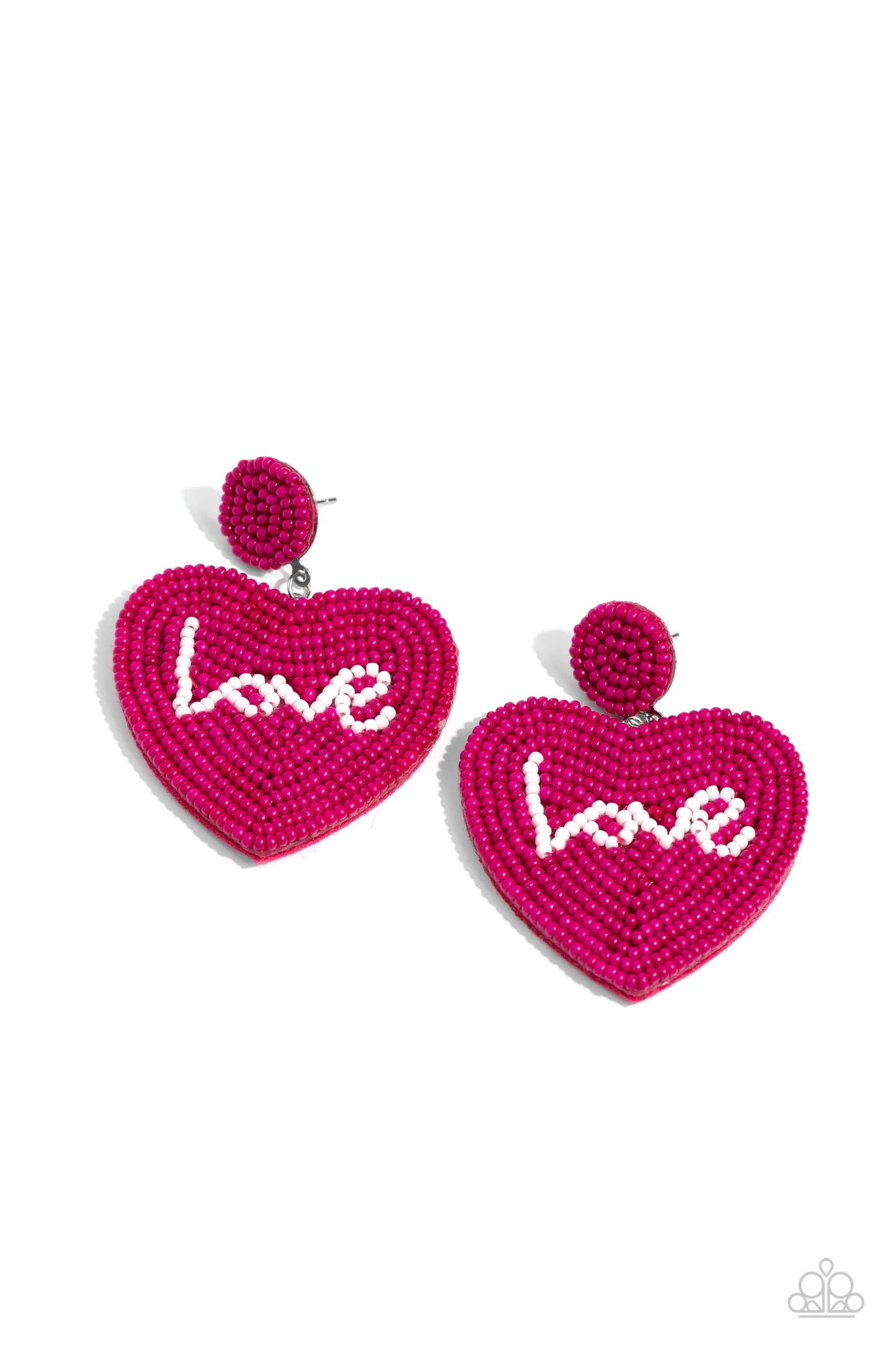 Paparazzi Accessories - Sweet Seeds - Pink Heart Earrings hot pink rows of dainty seed beads adorn the front of a heart frame at the bottom of a matching beaded fitting, creating a blissfully beaded look. The word "Love" is spelled out in white seed beads across the center of the heart frame for a romantic finish. Earring attaches to a standard post fitting.  Sold as one pair of post earrings.