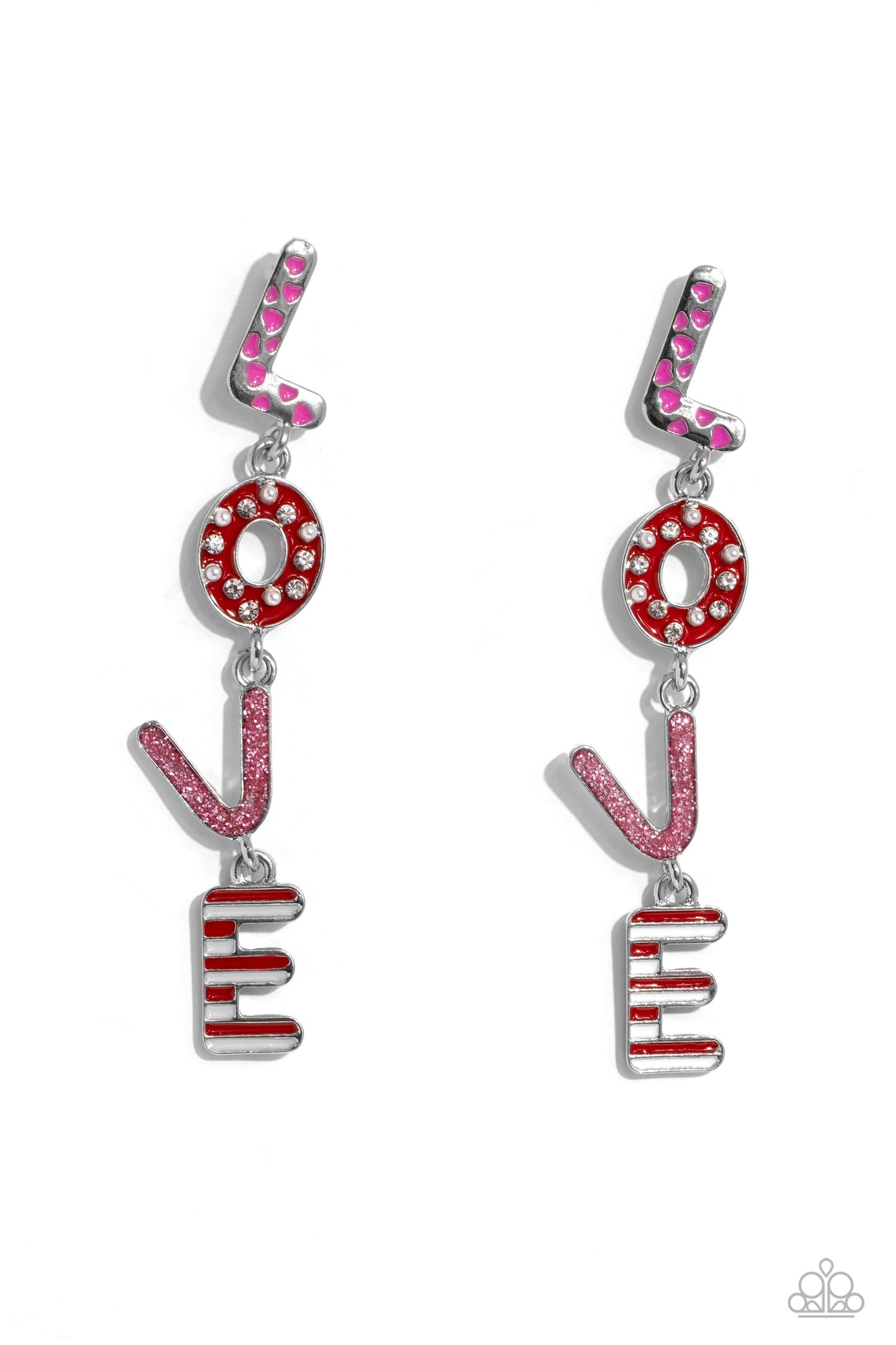 Paparazzi Accessories - Admirable Assortment - Pink Earrings Silver letters with various Valentine's-inspired details spell out the word "LOVE" as they vertically cascade down the ear in a flattering finish. The "L" features hot pink-painted hearts, the "O" features a red background with white rhinestones and dainty white pearls, the "V" features a baby pink glitter backdrop, and the "E" features stripes of white and red. Each of the letters are interconnected to one another, infusing the design.