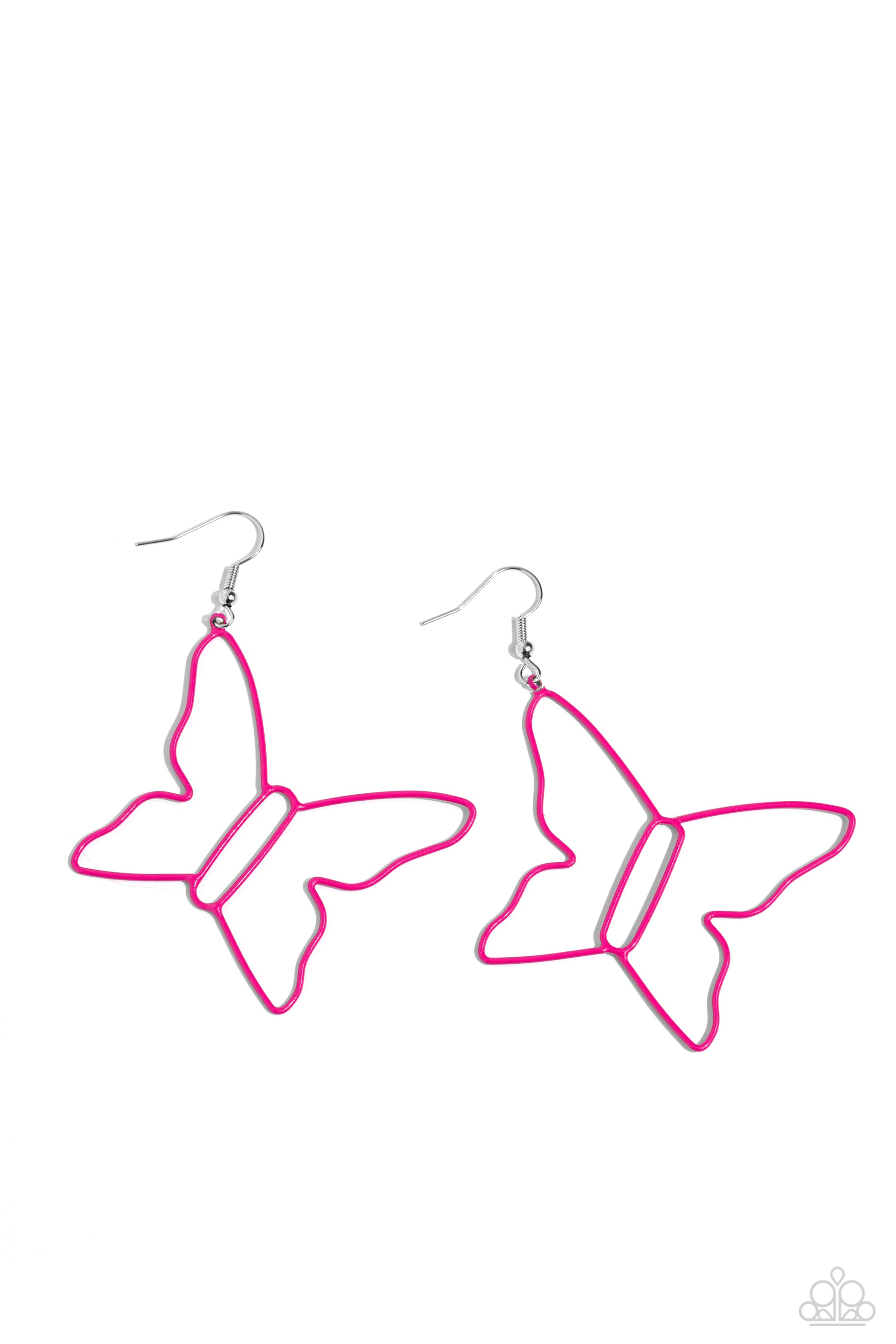 <p>Paparazzi Accessories - Soaring Silhouettes - Pink Butterfly Earrings splashed in a Pink Peacock hue, an oversized butterfly silhouette dangles from the ear, creating a whimsically colorful sight. Earring attaches to a standard fishhook fitting.</p> <p><i>Sold as one pair of earrings.</i></p>