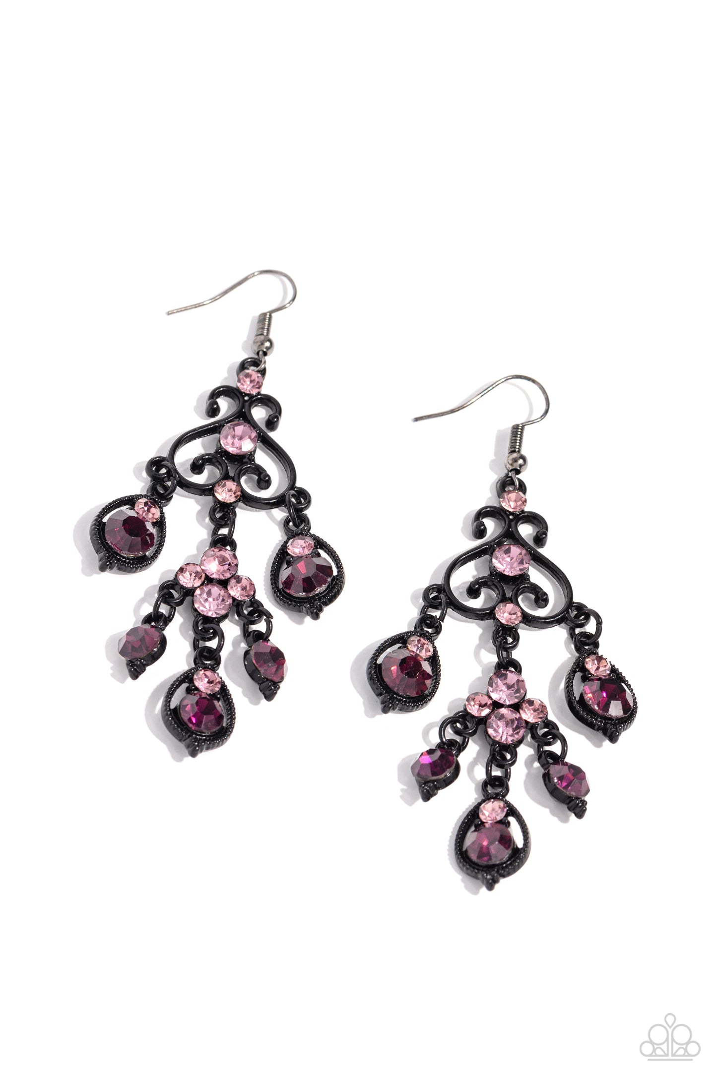 Paparazzi Accessories - Regal Renovation - Purple Earrings an array of amethyst and light amethyst gems decoratively adorn the front of a studded and sleek black frame, while black frame teardrops, featuring the same amethyst and light amethyst gems, drip from the bottom of the frame, creating a whimsical fringe. Earring attaches to a standard fishhook fitting.