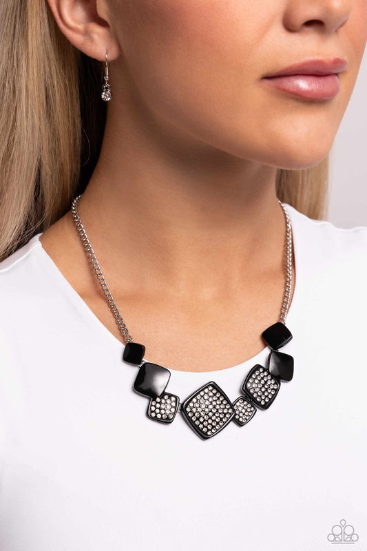 Paparazzi Accessories - Twinkling Tables - Black Necklaces infused along a classic silver chain, tilted, glossy, black-painted squares lead the eye to rhinestone-embossed black-painted squares that alternate in size, creating a standout statement below the collar. Features an adjustable clasp closure.  Sold as one individual necklace. Includes one pair of matching earrings.