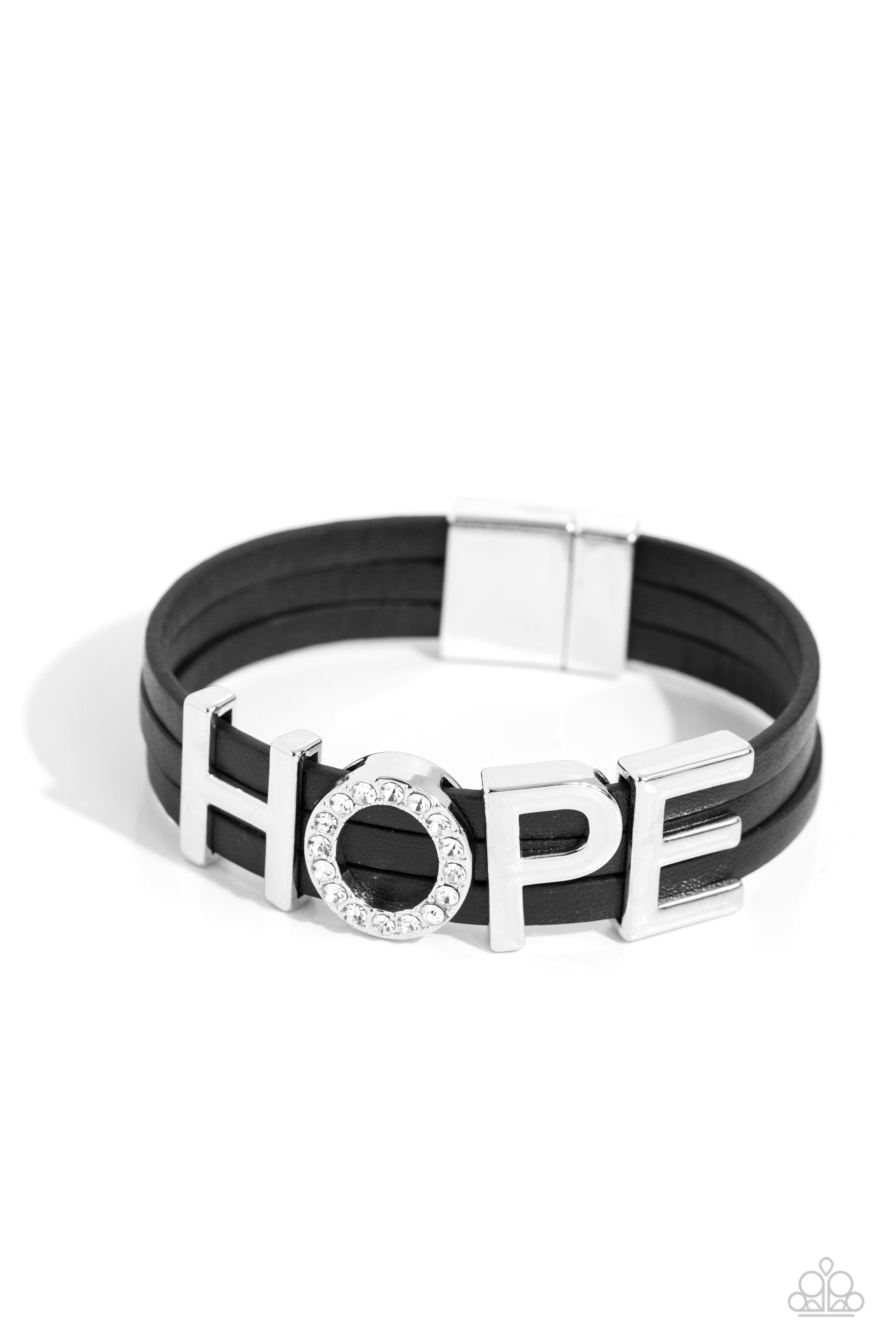 Paparazzi Accessories - Hopeful Haute - Black Bracelets threaded along layers of black leather strands, glistening silver letters form the word "HOPE" with the "O" embossed in white rhinestones for a dazzling statement. Features a magnetic closure.  Sold as one individual bracelet.