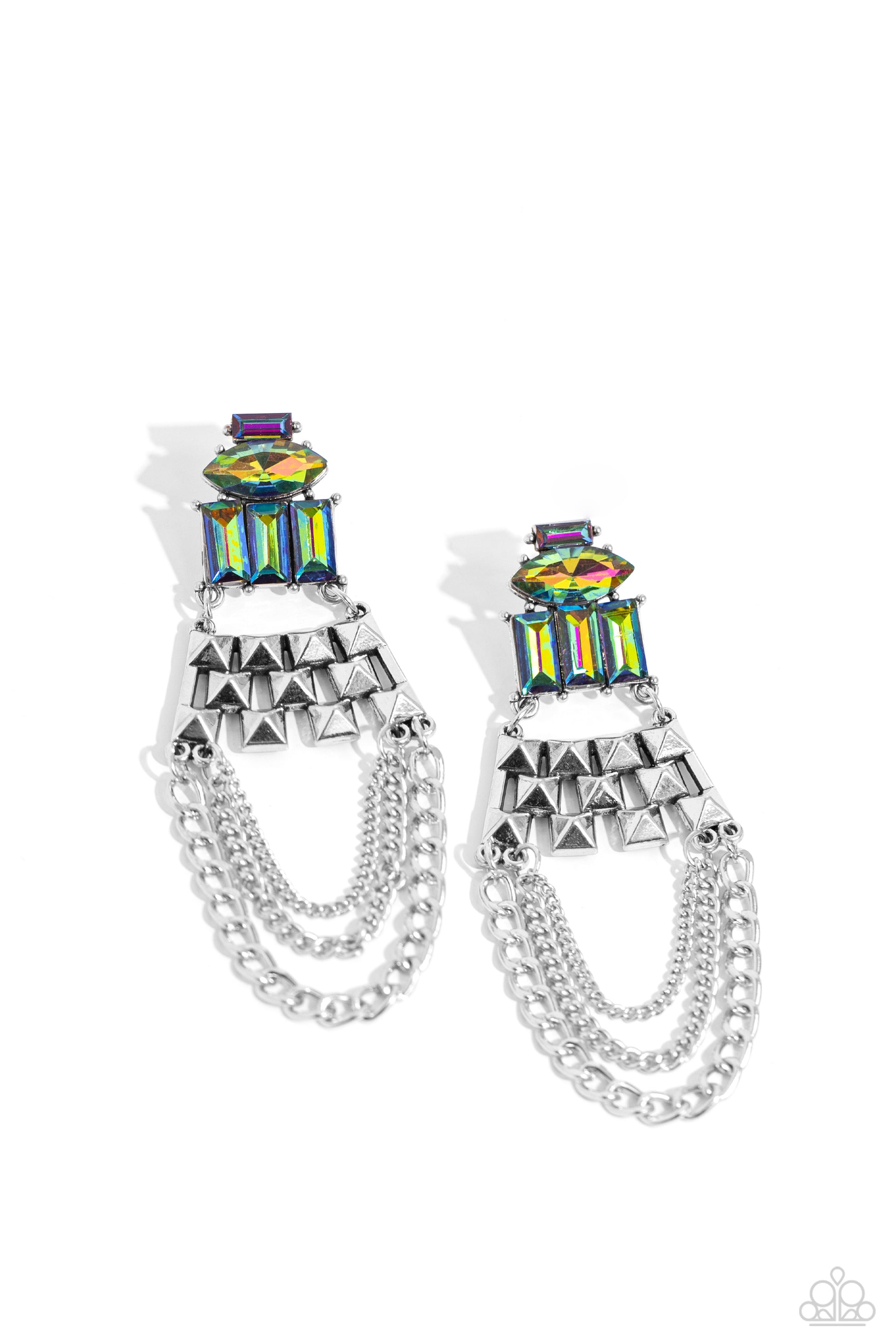 Paparazzi Accessories - Dangling Art Deco - Multi Earrings featuring silver pronged fittings, a collection of emerald-cut and marquise-cut oil spill beads layer atop one another, connecting to a haphazard pattern of silver squares that come to a point. Mismatched silver chains swing from the bottom of the spiked silver fittings, creating an edgy art-deco-inspired chandelier. Earring attaches to a standard post fitting.  Sold as one pair of post earrings.