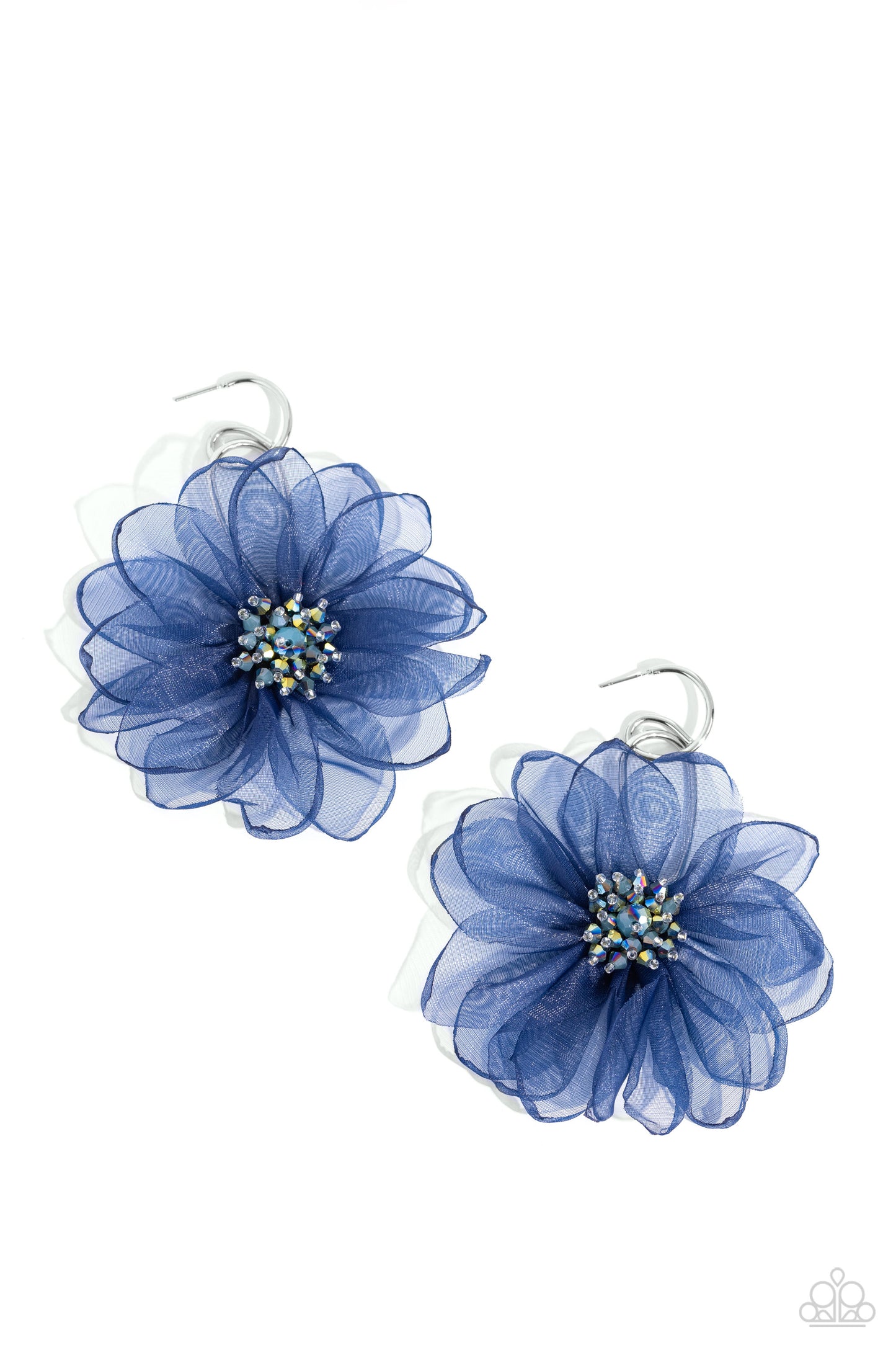 Paparazzi Accessories - Cosmopolitan Chiffon - Blue Earringthat duo of asymmetrical silver hoops link as they tumble from the ear, coalescing into an abstract lure. Attached to the bottom of the elongated display, oversized navy chiffon petals bloom around oil spill-tinted beads, creating a fantastical floral frenzy. Earring attaches to a standard post fitting. Hoop measures approximately 1" in diameter.  Sold as one pair of hoop earrings.