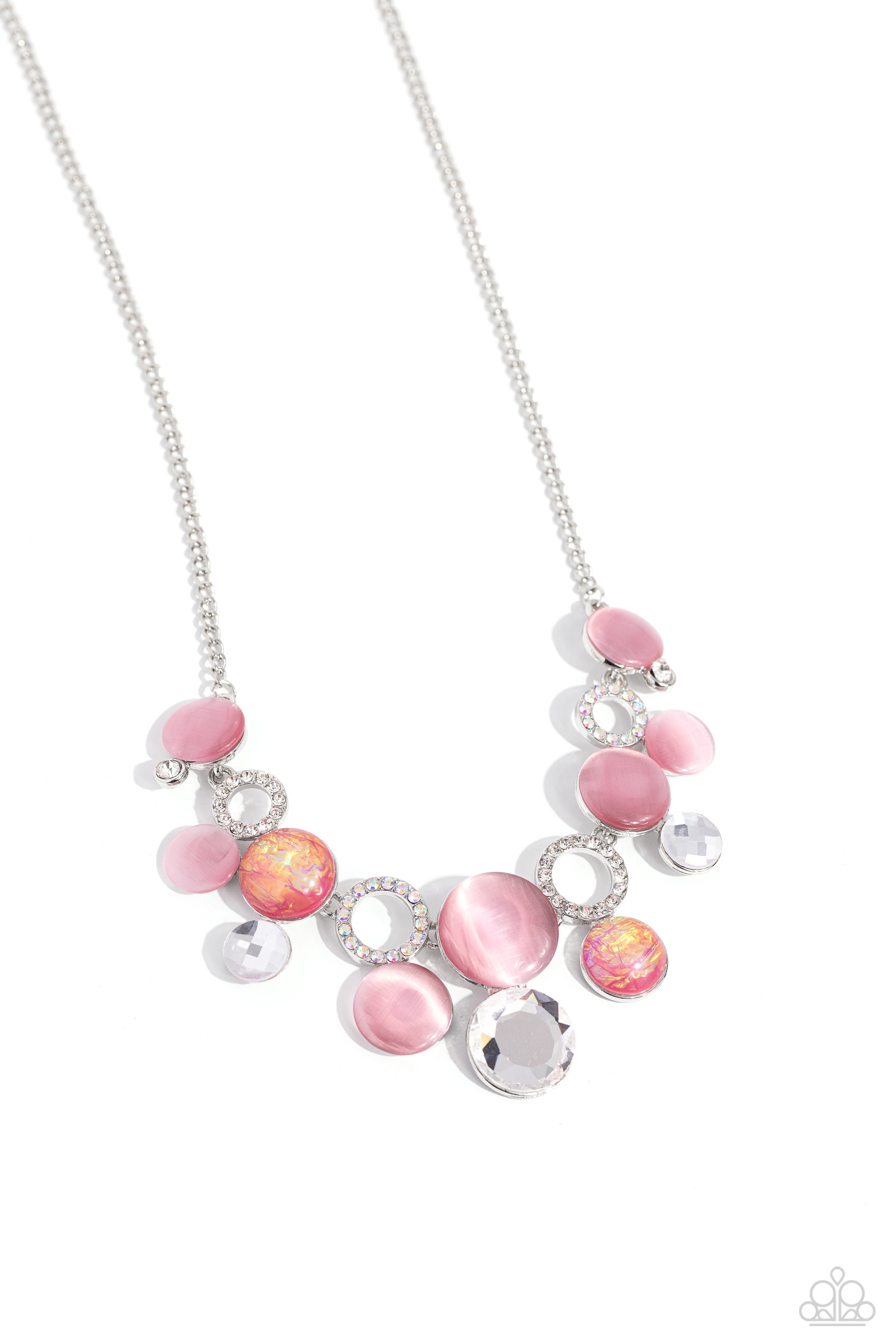 Paparazzi Accessories - Corporate Color - Pink Necklace a mismatched collection of pink cat's eye stones, white rhinestones, textured white gems, iridescent and white rhinestone-encrusted silver rings, and pink opalescent, refracted shimmer beads delicately connect into a bubbly clustered pendant below the collar, creating a colorful statement piece. Features an adjustable clasp closure. Due to its prismatic palette, color may vary.  Sold as one individual necklace. Includes one pair of matching earrings.