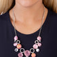 Paparazzi Accessories - Corporate Color - Pink Necklace a mismatched collection of pink cat's eye stones, white rhinestones, textured white gems, iridescent and white rhinestone-encrusted silver rings, and pink opalescent, refracted shimmer beads delicately connect into a bubbly clustered pendant below the collar, creating a colorful statement piece. Features an adjustable clasp closure. Due to its prismatic palette, color may vary.  Sold as one individual necklace. Includes one pair of matching earrings.