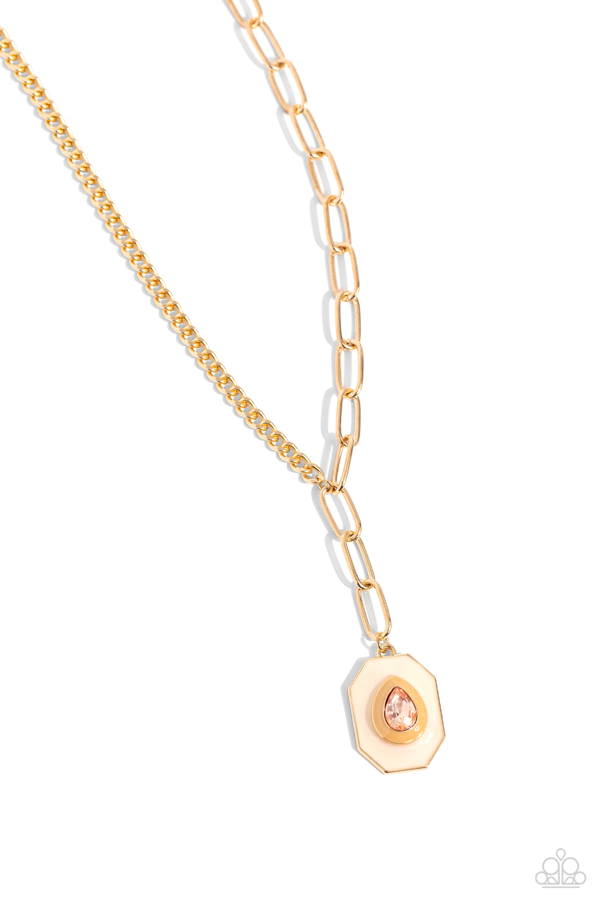 Paparazzi Accessories - Hexagonal Hallmark - Brown Necelongated strand of classic gold chain connects to a strand of elongated gold paperclip chain, creating a contrasting blend of grit. Pressed in a Doe-painted teardrop frame, a peach teardrop gem rests atop a Tender Peach-painted hexagonal pendant, perfectly balancing the design with a spritz of colorful glitz. Features an adjustable clasp closure. Featured inside The Preview at Made for More!