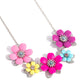 Paparazzi Accessories - Well-Mannered Whimsy - Multi Necklaces dotted with dainty light amethyst, aquamarine, and rose rhinestone centers, dainty silver flowers bloom against a backdrop of glossy acrylic flowers in Aurora Pink, Rose Violet, hot pink, yellow, and Spun Sugar hues. Each flower, varying in size, blossoms across a textured collection of silver leaves below the collar, invoking a festive spirit. Features an adjustable clasp closure