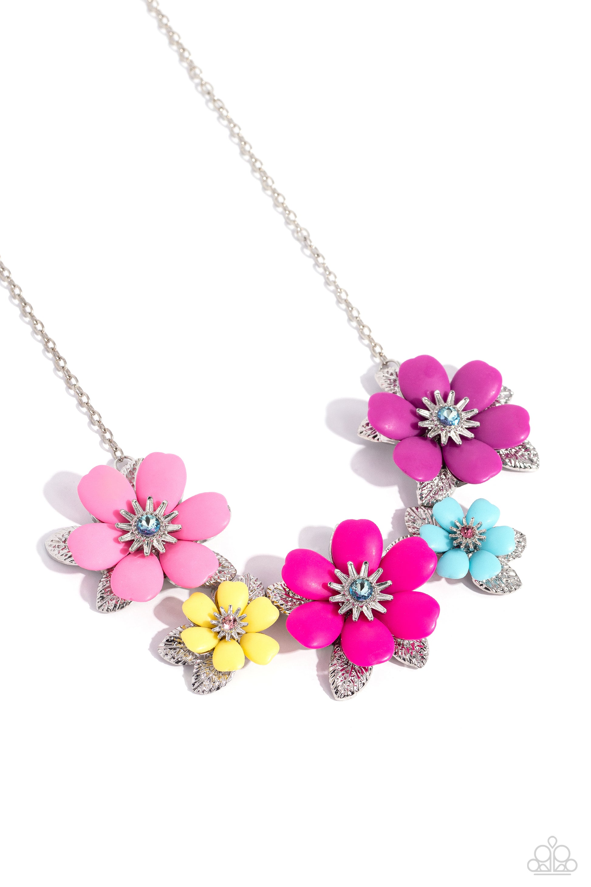 Paparazzi Accessories - Well-Mannered Whimsy - Multi Necklaces dotted with dainty light amethyst, aquamarine, and rose rhinestone centers, dainty silver flowers bloom against a backdrop of glossy acrylic flowers in Aurora Pink, Rose Violet, hot pink, yellow, and Spun Sugar hues. Each flower, varying in size, blossoms across a textured collection of silver leaves below the collar, invoking a festive spirit. Features an adjustable clasp closure