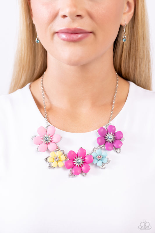 Paparazzi Accessories - Well-Mannered Whimsy - Multi Necklaces dotted with dainty light amethyst, aquamarine, and rose rhinestone centers, dainty silver flowers bloom against a backdrop of glossy acrylic flowers in Aurora Pink, Rose Violet, hot pink, yellow, and Spun Sugar hues. Each flower, varying in size, blossoms across a textured collection of silver leaves below the collar, invoking a festive spirit. Features an adjustable clasp closure.  Sold as one individual necklace.