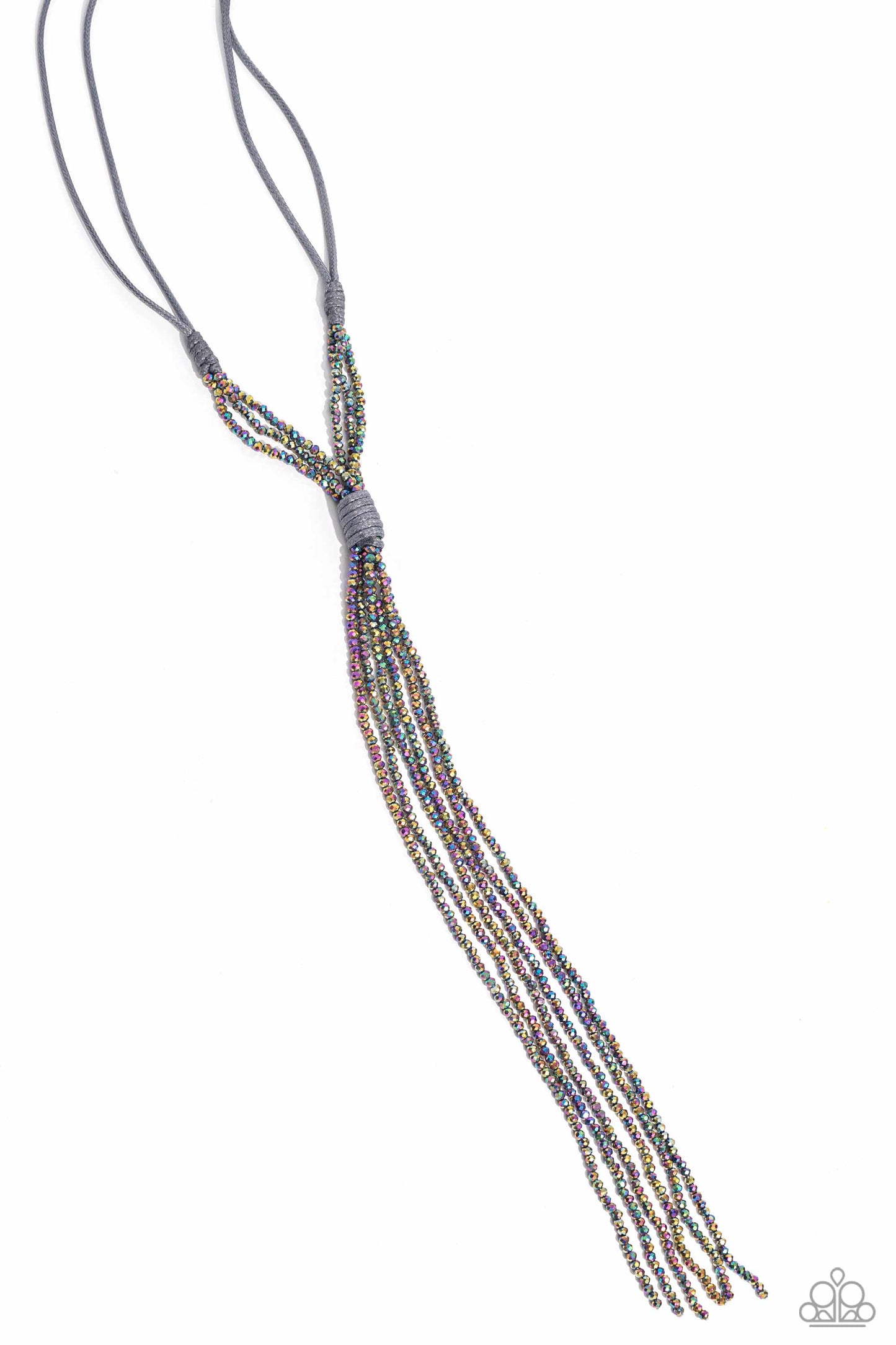 Paparazzi Accessories - Knotted Karma - Silver Necklaces cascading from a double strand of elongated gray cording, flashy faceted strands of oil spill beads are knotted in place as they shimmer and shine down the chest for a knockout statement. Features an adjustable clasp closure.  Sold as one individual necklace. Includes one pair of matching earrings.