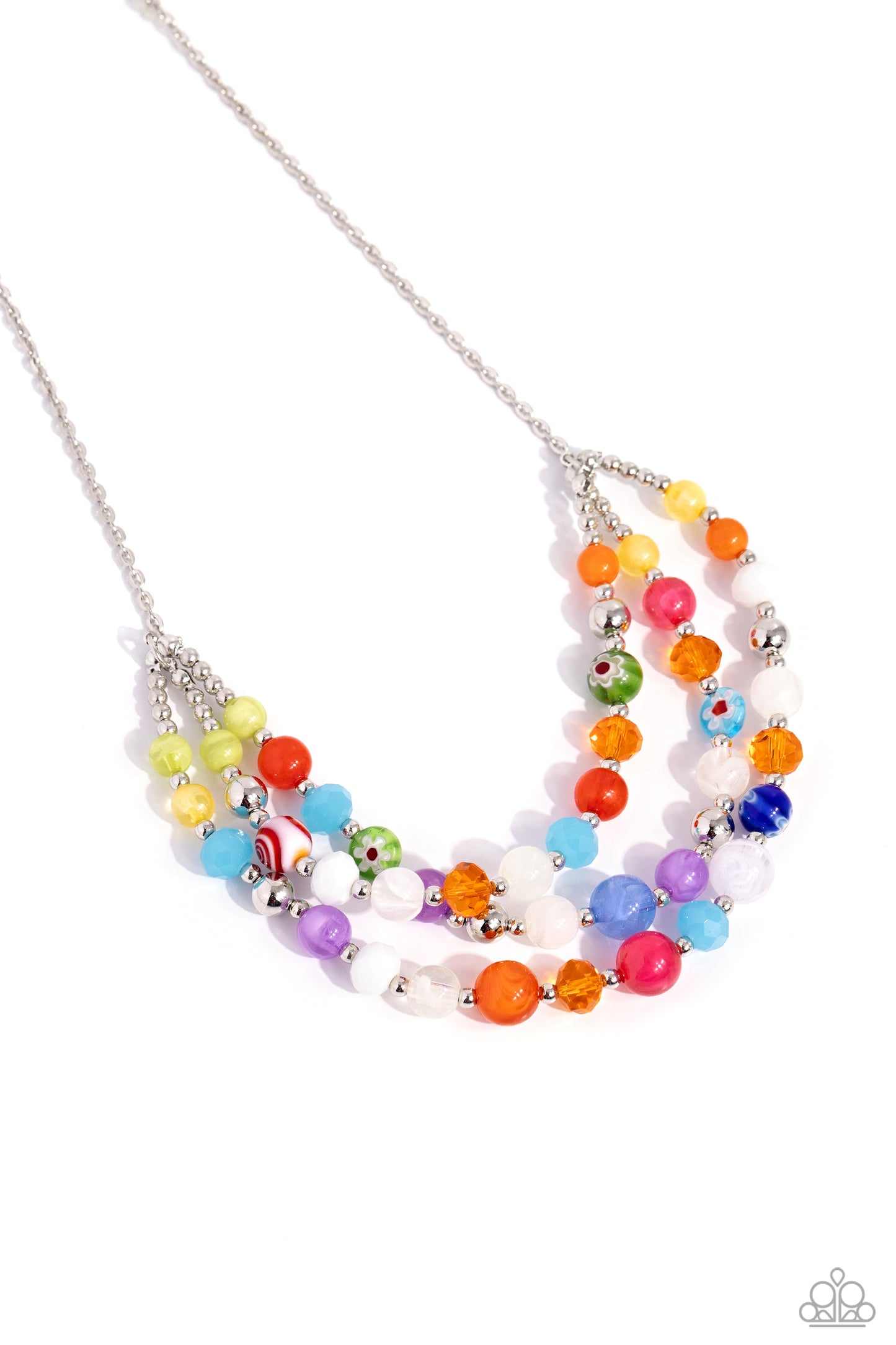 <p data-mce-fragment="1">Paparazzi Accessories - Summer Scope - Multi Necklaces sttached and separated by shiny silver beads, three rows of alternating vibrant multicolored beads, silver studs, and floral-inspired beads layer across the collar, creating a colorful canvas. Features an adjustable clasp closure.</p> <p data-mce-fragment="1"><i data-mce-fragment="1">Sold as one individual necklace. Includes one pair of matching earrings.</i></p>