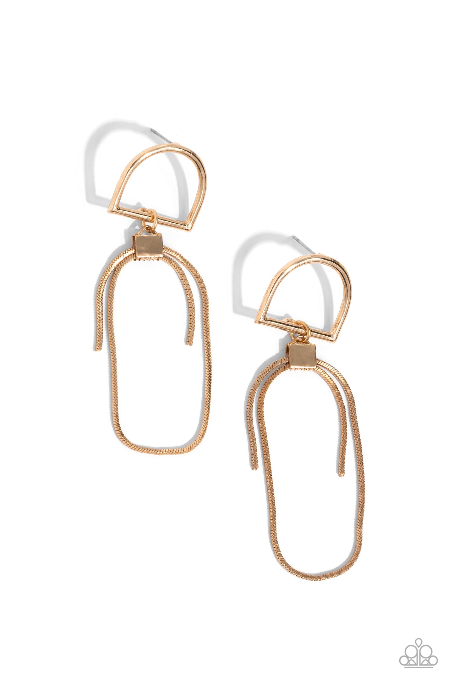 Paparazzi Accessories - Minimalistic Maven - Gold Earrings a&nbsp;sleek gold arched frame gives way to a stationary rectangular jump hoop featuring strands of gold herringbone chain that loop through it for a classy, edgy lure. Earring attaches to a standard post fitting.  Sold as one pair of post earrings.
