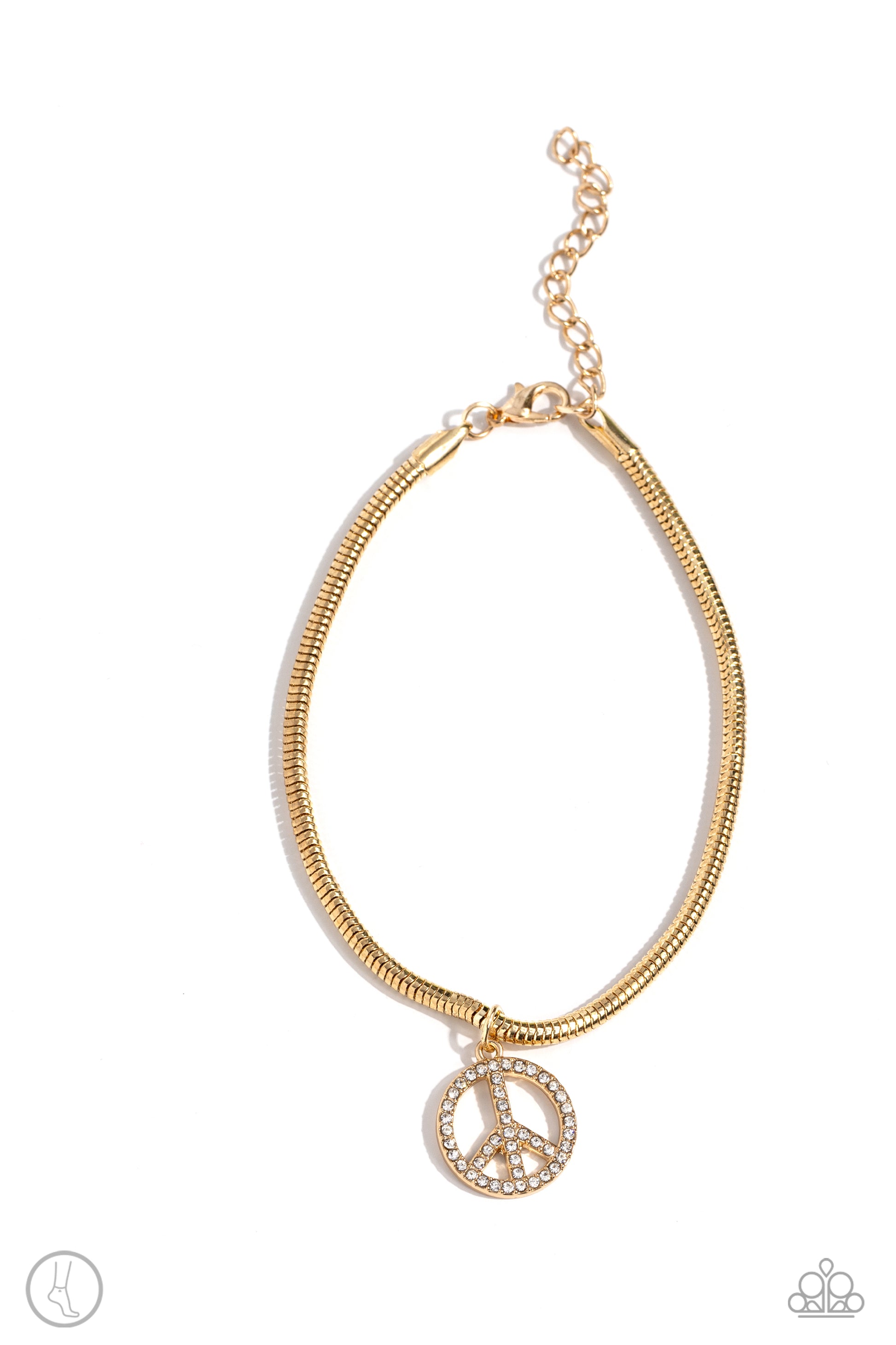 <p>Paparazzi Accessories - Pampered Peacemaker - Gold Anklets a gold peace sign infused with dazzling white rhinestones effortlessly slides along a thick gold snake chain, creating an irresistible pendant. Features an adjustable clasp closure.</p> <p><i>Sold as one individual anklet.</i></p>