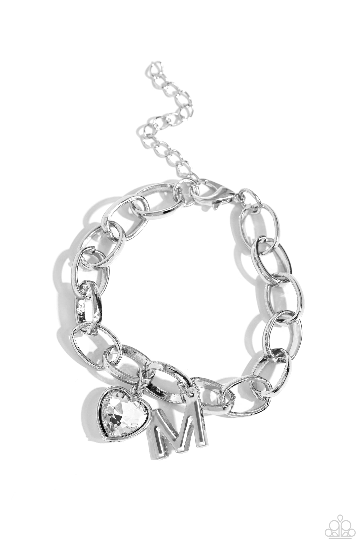 Paparazzi Accessories - Guess Now Its INITIALS - " M" White Bracelets a simple collection of silver charms — including a white rhinestone heart pressed in a silver frame and a sleek letter "M" — dance from a chunky silver chain around the wrist, creating a sentimental fringe. Features an adjustable clasp closure.  Sold as one individual bracelet.