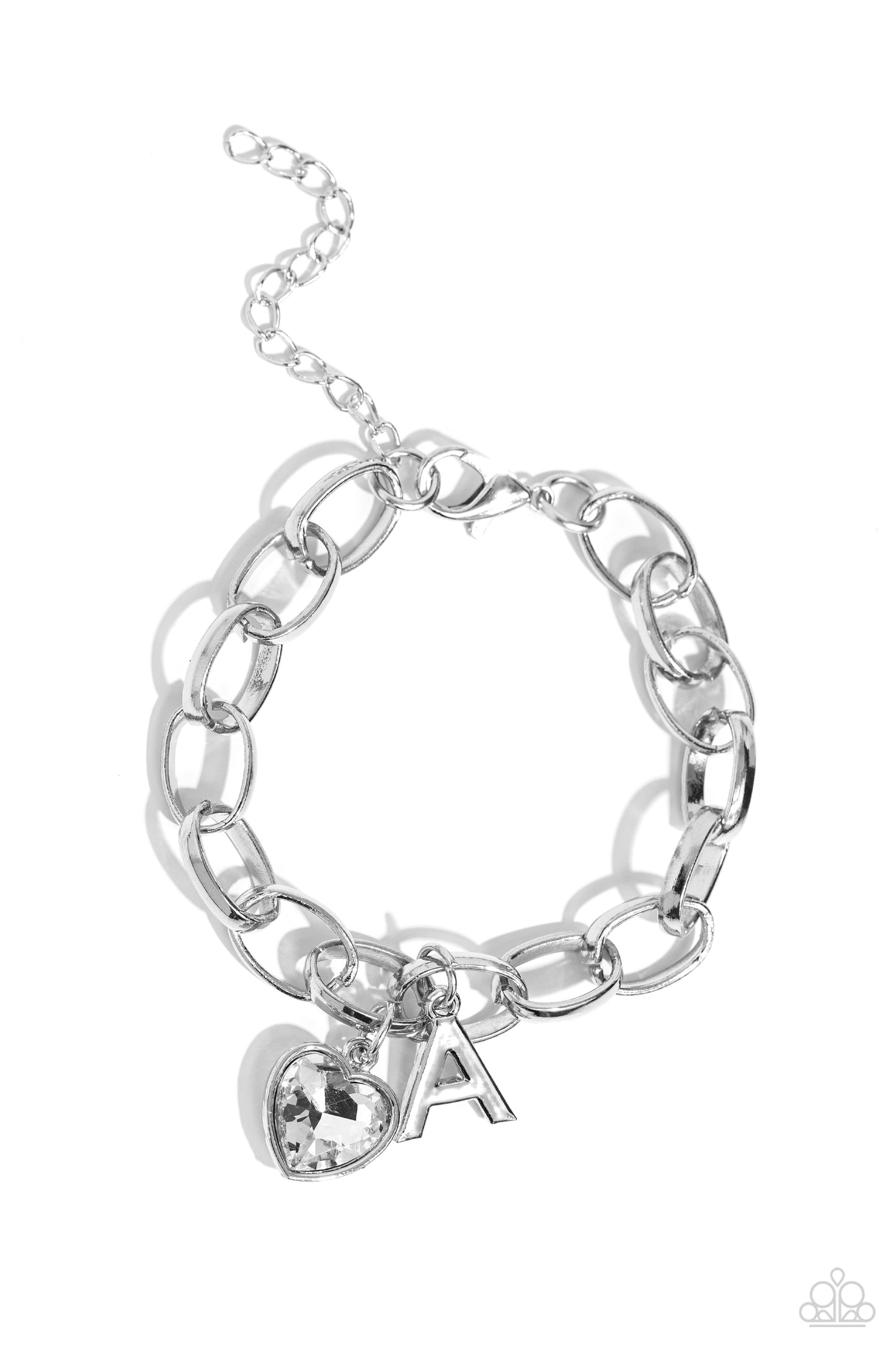 Paparazzi Accessories - Guess Now Its INITIALS - "A" White Bracelets a simple collection of silver charms — including a white rhinestone heart pressed in a silver frame and a sleek letter "A" — dance from a chunky silver chain around the wrist, creating a sentimental fringe. Features an adjustable clasp closure.  Sold as one individual bracelet.