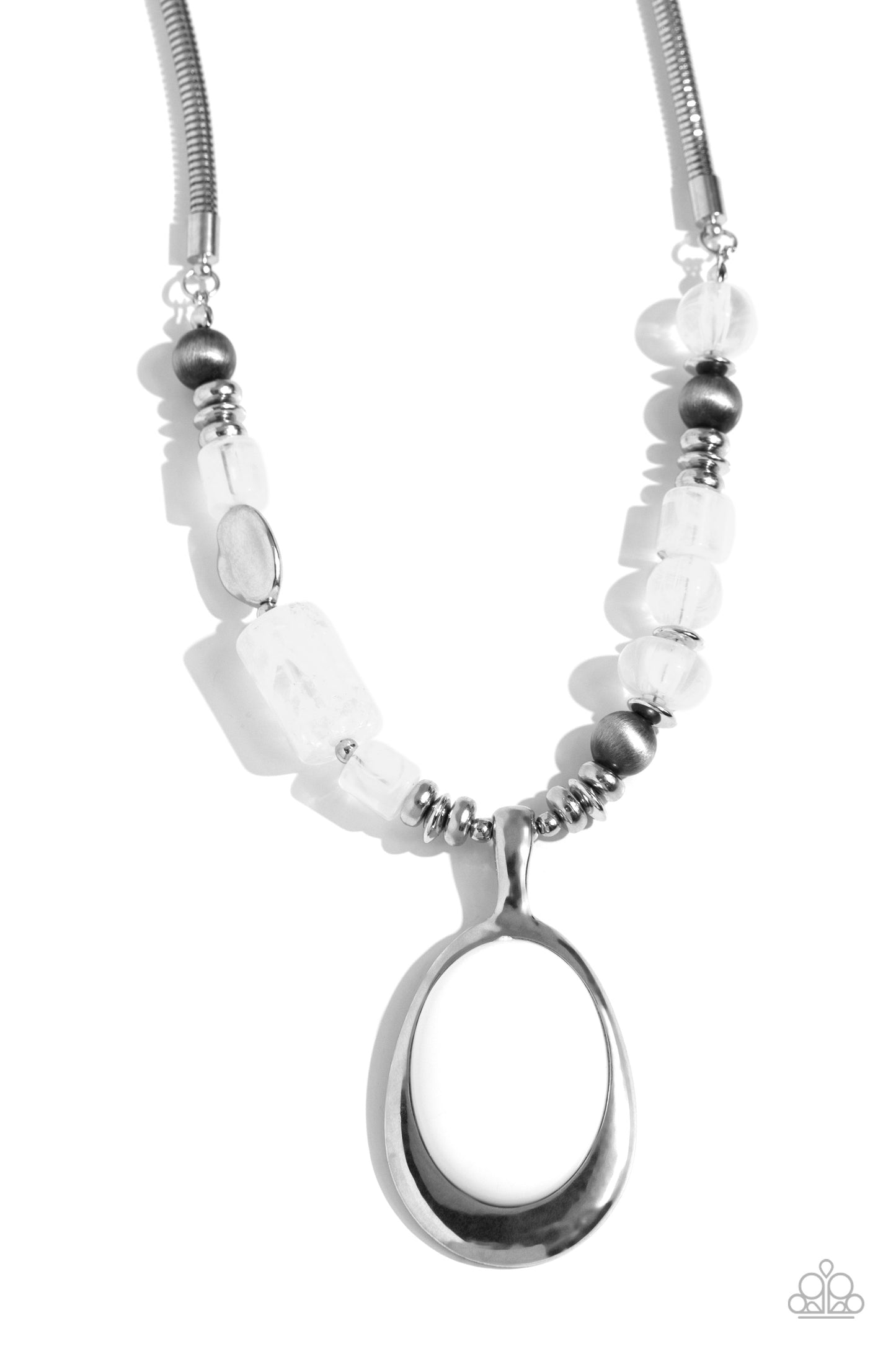 Paparazzi Accessories - Captivating Composition - White Necklaces giving way from a silver snake chain, a collection of glassy milky white beads, silver accents, and silver-patterned beads are threaded along an invisible wire below the collar for a flamboyant fashion. Pressed in a silver oval frame, an opaque white acrylic gleams below the capricious display for an additional pop of color. Features an adjustable clasp closure. Sold as one individual necklace. Includes one pair of matching earrings.
