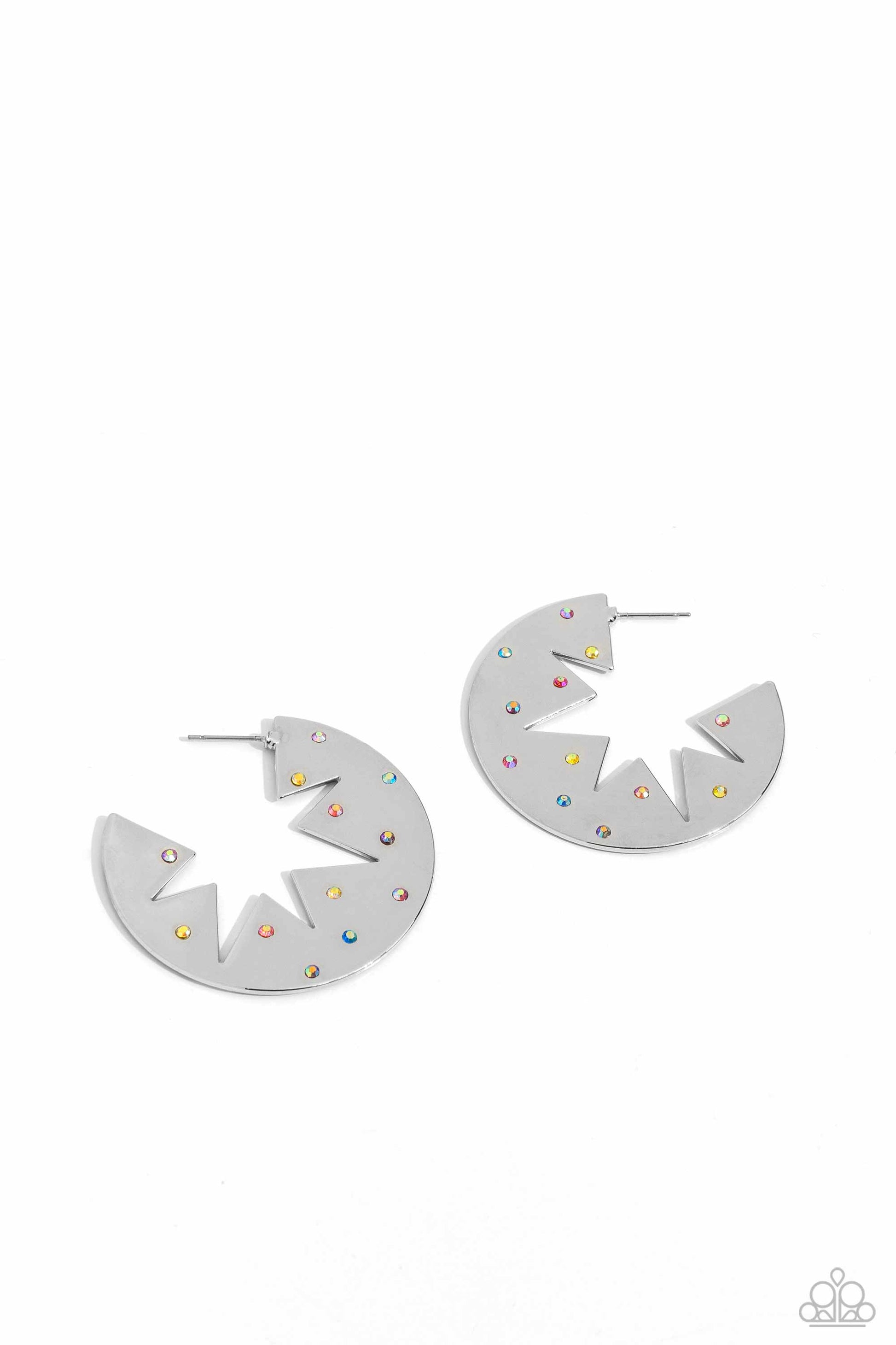 Paparazzi Accessories - Starry Sensation - Multi Hoop Earrings sporadically dotted with various multicolored and iridescent rhinestones, a three-dimensional star outline explodes from the center of a polished silver disc for an out-of-this-world centerpiece. Earring attaches to a standard post fitting. Hoop measures approximately 1 3/4" in diameter. Due to its prismatic palette, color may vary.  Sold as one pair of hoop earrings.