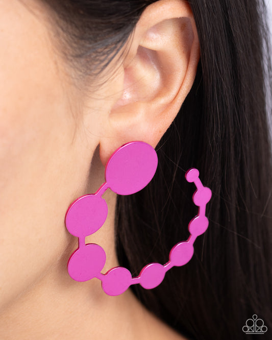 Paparazzi Accessories - Have it Both PHASE - Pink Earrings featuring an electric pink hue, a collection of interconnected circles gradually decreases in size as it curls across the ear for an eye-catching look. Earring attaches to a standard post fitting. Measures approximately 2 1/4" in diameter. Sold as one pair of post earrings.