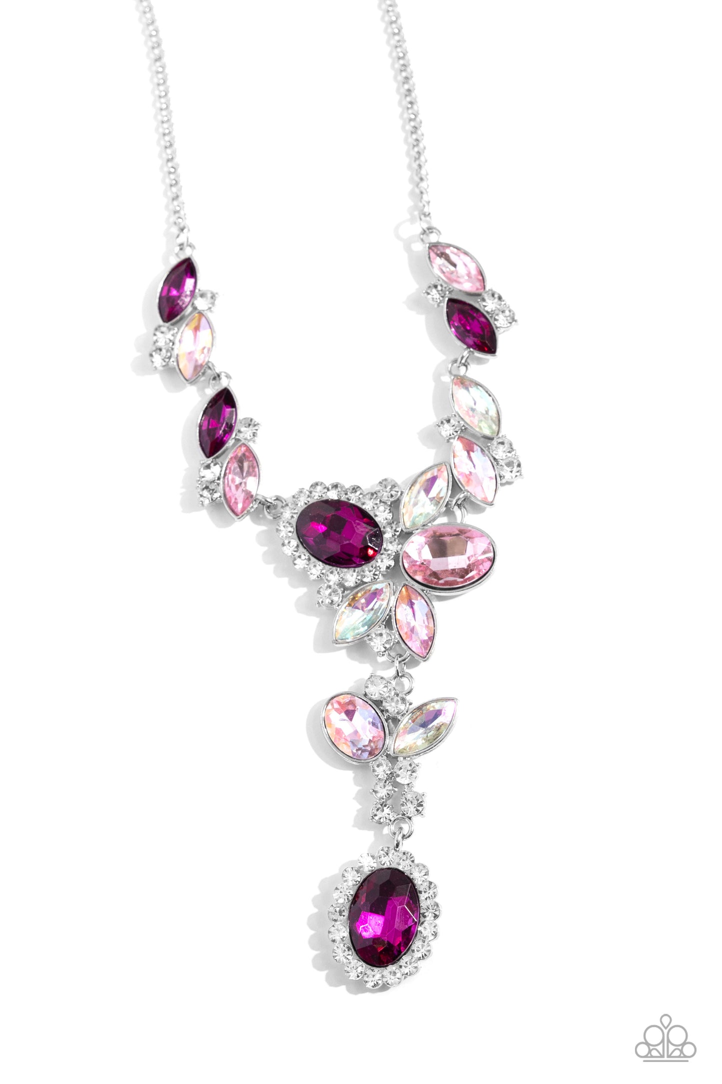 Paparazzi Accessories - Generous Gallery - Pink Necklace featuring an iridescent shimmer, an unexpected explosion of oversized various pink oval and marquise-cut gems cluster into haphazard groupings. Silver-pronged white rhinestones sporadically dot across the abstract canvas and encircle a few iridescent ovals for additional shimmer. The blinding clusters link together, creating a soft statement piece that cascades below the collar. Features an adjustable clasp closure. Due to its prismatic palette