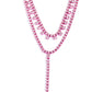 Paparazzi Accessories - Champagne Night - Pink Necklace featuring a sleek electric pink square-fitting chain, glittery strands of white rhinestones stream around the collar, with sporadically stacked pairs of rhinestones added in for a refined flair. An elongated strand of white rhinestones encased in similar electric pink square fittings layers below with an extended stream of rhinestones cascading from a solitaire rhinestone, creating a statement. Features an adjustable clasp closure.