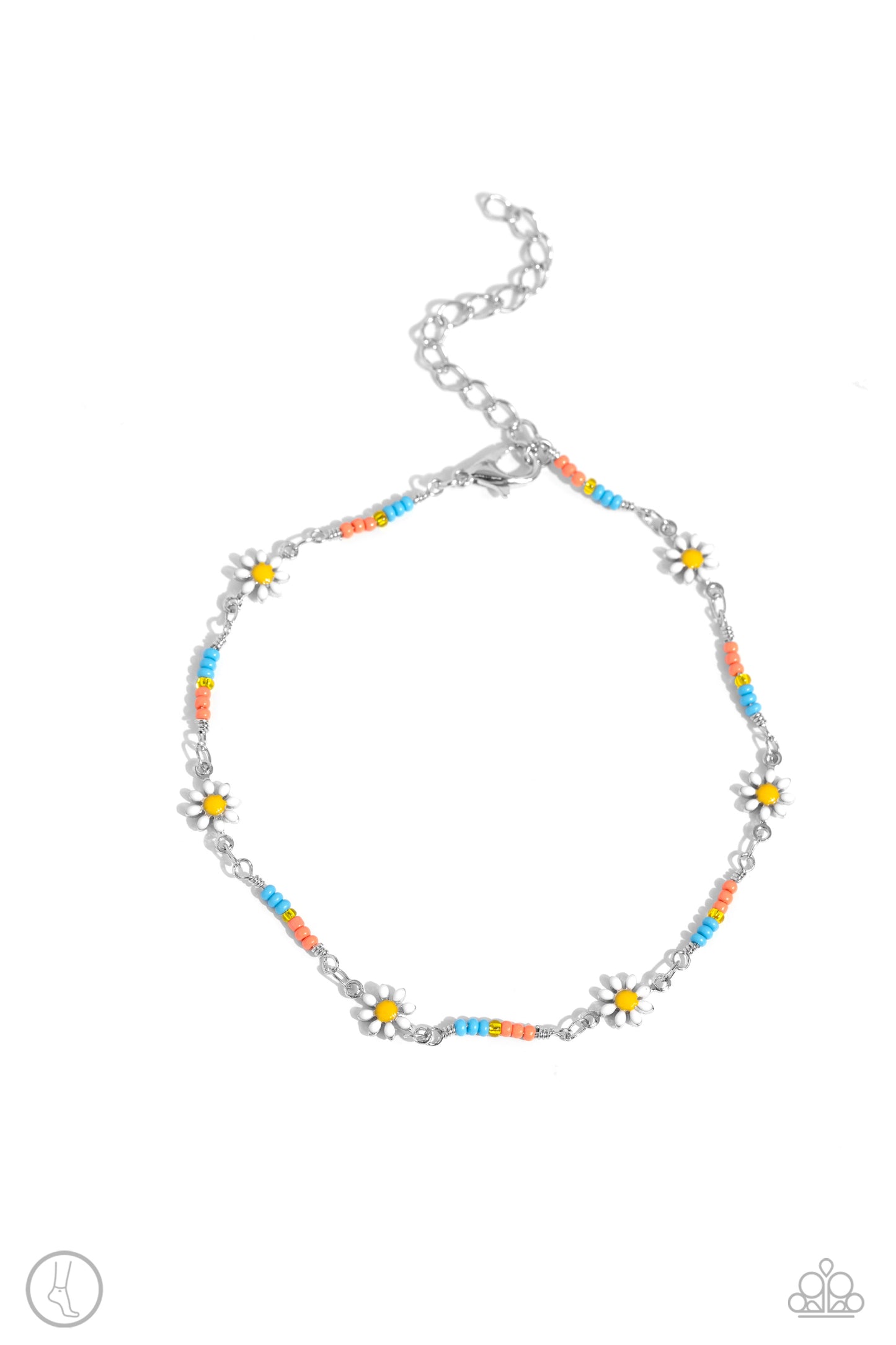 <p>Paparazzi Accessories - Sweetest Daydream - Orange Anklet infused along a classic silver chain, turquoise, coral, and glassy yellow seed beads alternate with white daisy charms around the ankle for an optimistic display. Features an adjustable clasp closure.</p> <p><i>Sold as one individual anklet.</i></p>