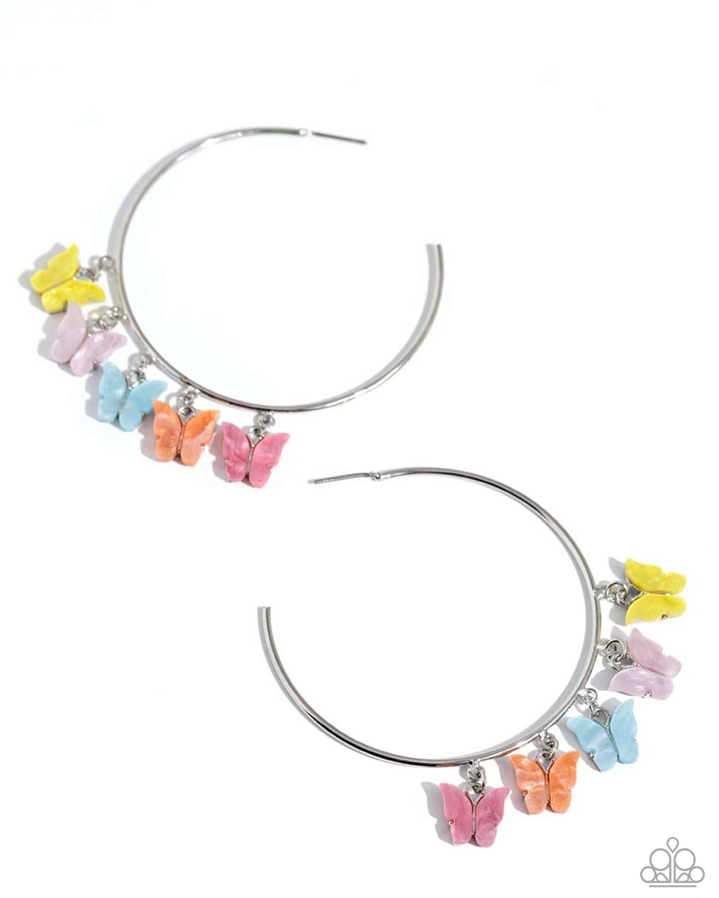 <p data-mce-fragment="1">Attached along an oversized silver hoop, a collection of different colored butterflies flutter and fly along the ear for a whimsical finish. Earring attaches to a standard post fitting. Hoop measures approximately 2 1/4" in diameter. Pattern of colors may vary.</p> <p data-mce-fragment="1"><i data-mce-fragment="1">Sold as one pair of hoop earrings.</i></p>