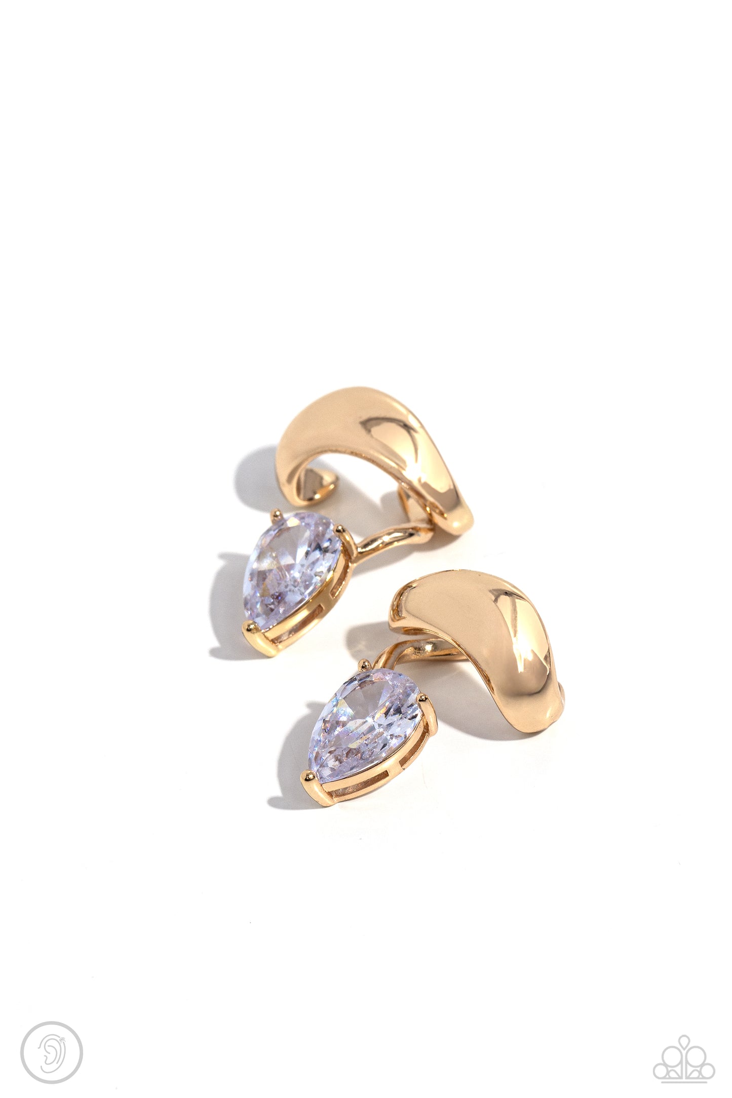 <p>Paparazzi Accessories - Twisting Teardrop - Gold Ear Cuffs fluttering atop a pronged gold fitting, a white gem teardrop shines from the ear. Features a smooth surface for sliding ability to desired position on the ear. Due to its structure, adjusting capability is limited.</p> <p><i>Sold as one pair of cuff earrings.</i></p>