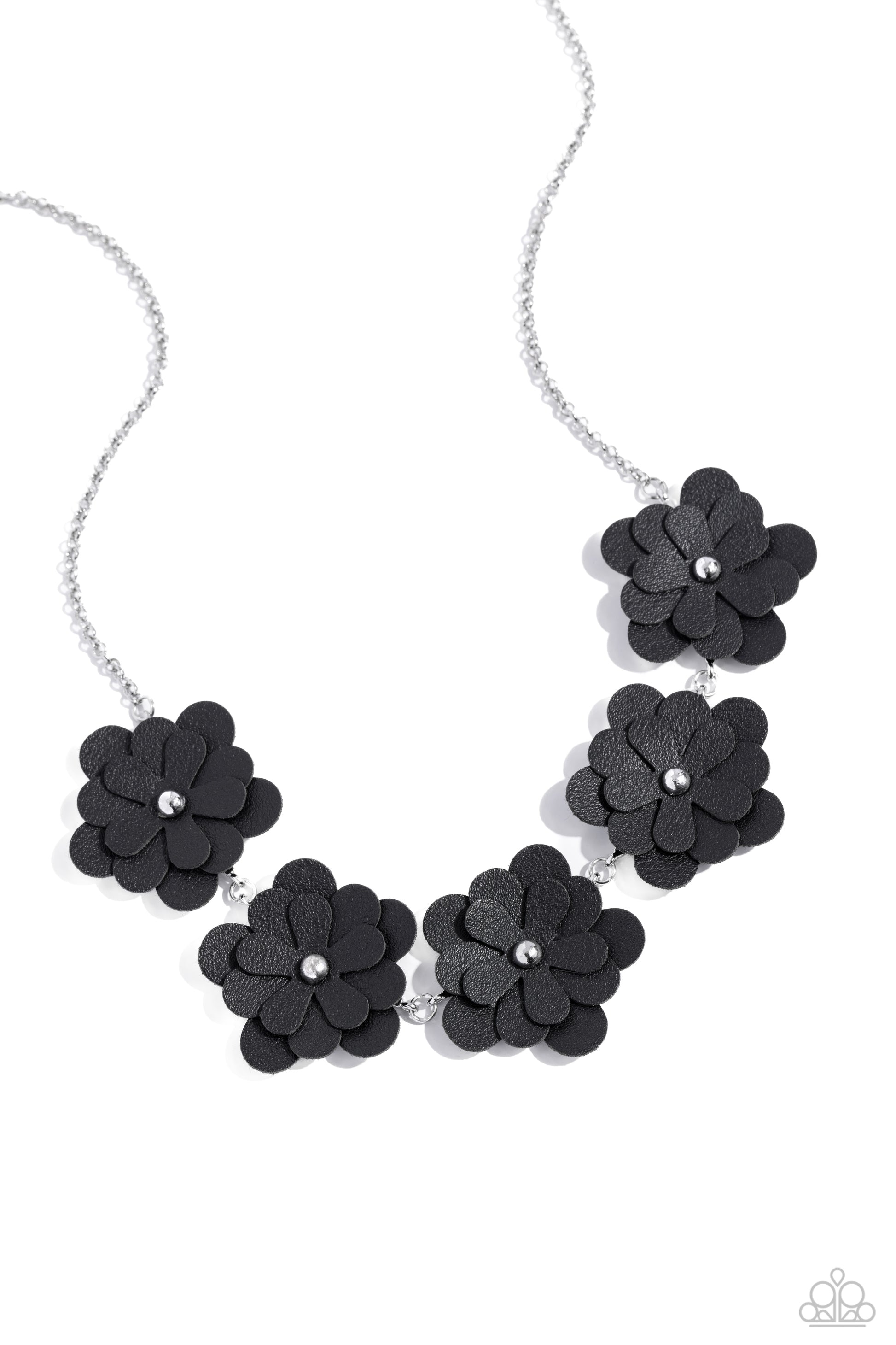 <p>Paparazzi Accessories - Balance of Flower - Black Necklaces featuring silver stud centers, a collection of 3D black leather flowers connect to a classic silver chain for a ruggedly retro look. Features an adjustable clasp closure.</p> <p><i>Sold as one individual necklace. Includes one pair of matching earrings.</i></p>