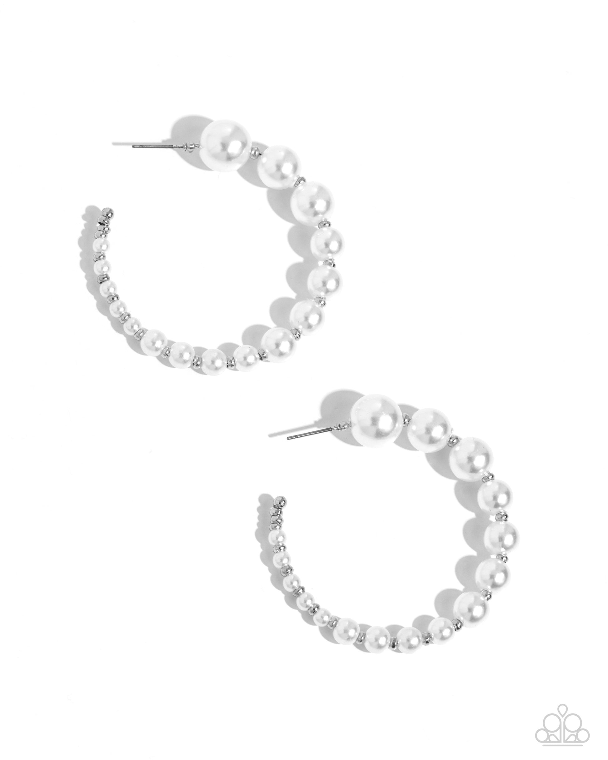 <p data-mce-fragment="1">Paparazzi Accessories - Candidate Class - White Earrings hradually decreasing in size, glossy white pearls alternate with high-sheen, dainty silver beads for a refined hoop. Earring attaches to a standard post fitting. Hoop measures approximately 2" in diameter.</p> <p data-mce-fragment="1"><i data-mce-fragment="1">Sold as one pair of hoop earrings.</i></p>