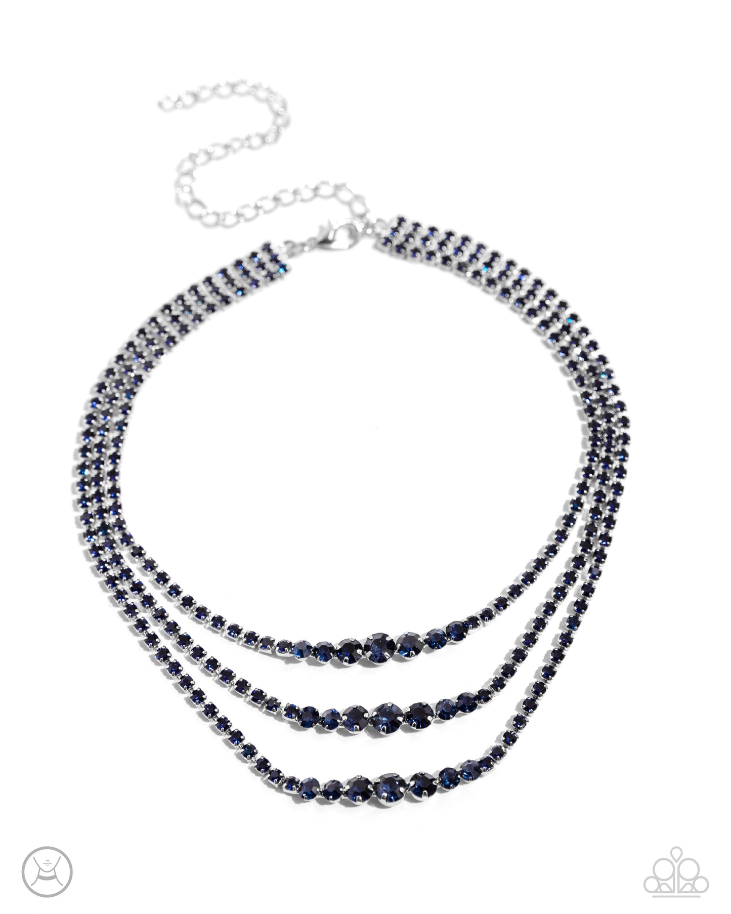 Paparazzi Accessories - Dynamite Debut - Blue Choker Necklaces set in pronged square silver fittings, blue rhinestones gradually increase to larger blue gems in pronged fittings as they cascade down the chest in a trio of layers for a dynamite display. Features an adjustable clasp closure.  Sold as one individual choker necklace. Includes one pair of matching earrings.