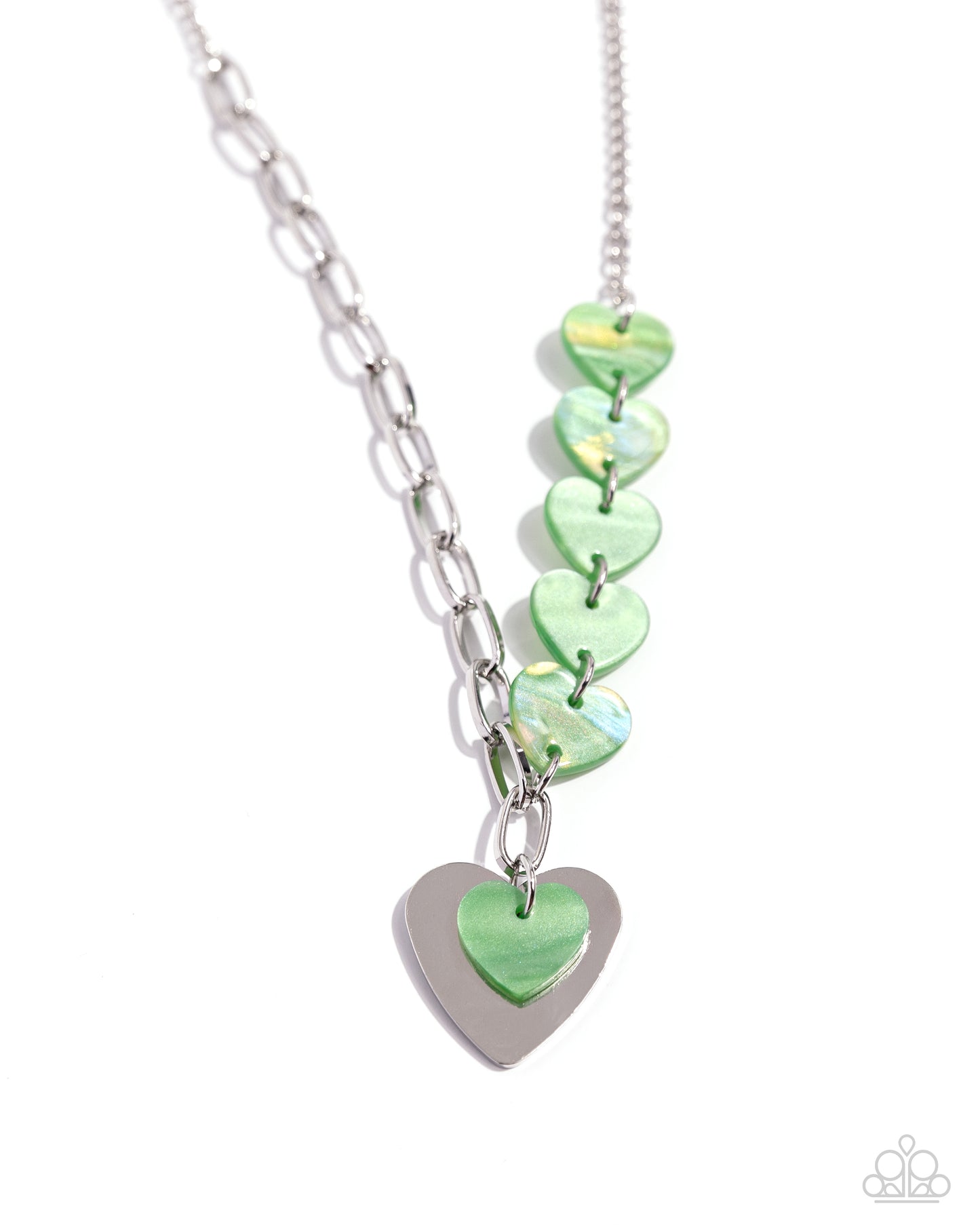 Paparazzi Accessories - Heart of the Movement - Green Necklaces a strand of opalescent green hearts collides with a single strand of paperclip chain to create an abstract blend of grit and color. A larger silver heart offsets the opalescent sheen of the green hearts that lay above it, perfectly balancing the contrasting design. Features an adjustable clasp closure.</p> <p data-mce-fragment="1"><i data-mce-fragment="1">Sold as one individual necklace. Includes one pair of matching earrings.