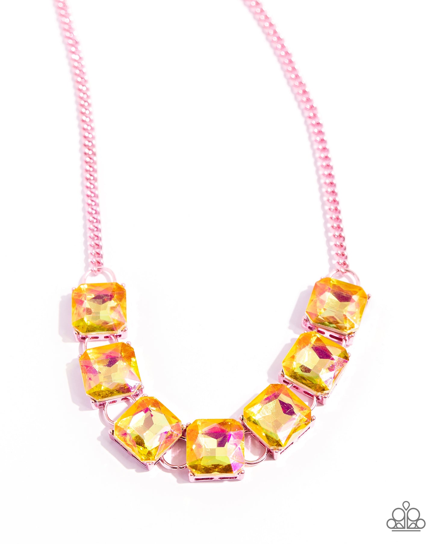 Linked along an electric pink chain, radiant-cut UV yellow gems are pronged in place along the neckline for a splash of dazzling color. Features an adjustable clasp closure.  Sold as one individual necklace. Includes one pair of matching earrings.