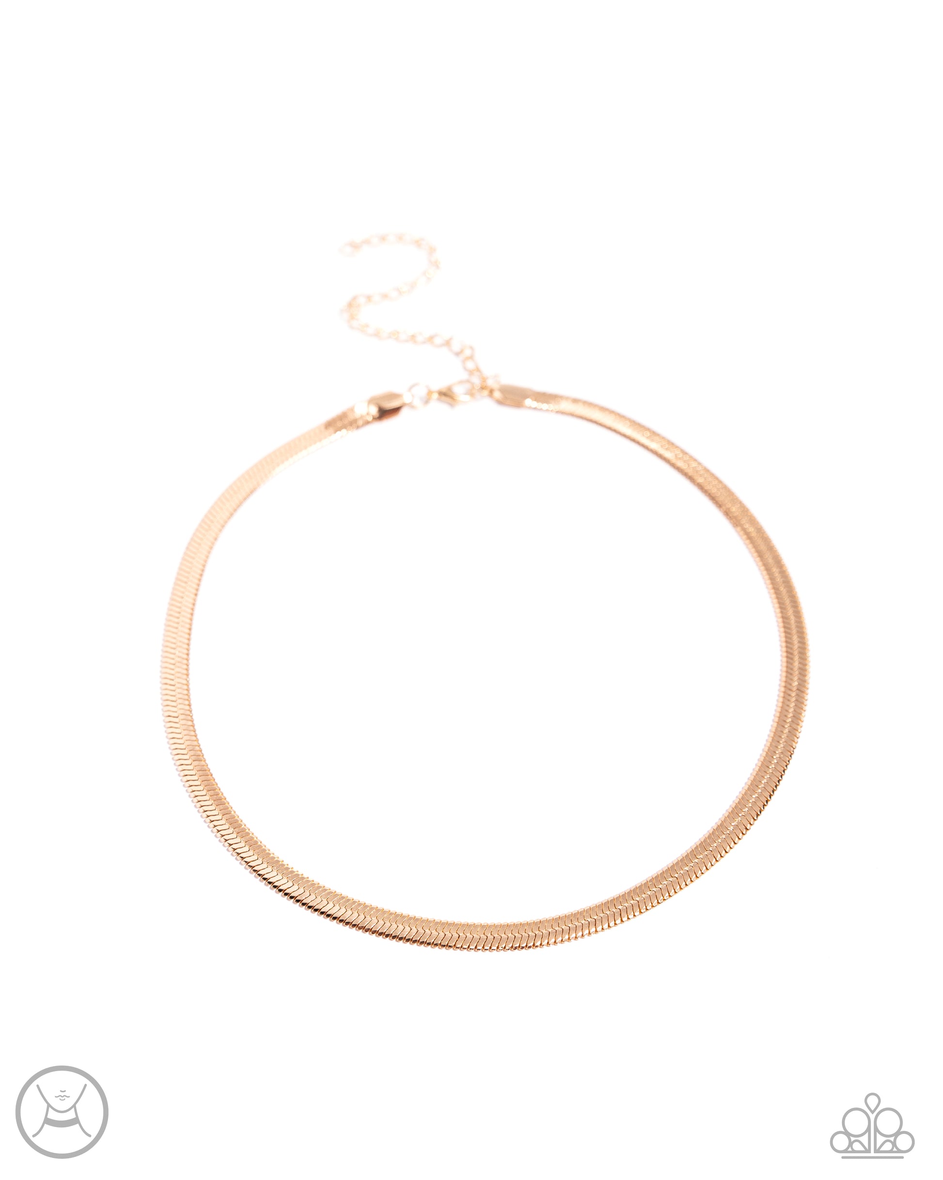 <p data-mce-fragment="1">Paparazzi Accessories - Musings Moment - Gold Choker Necklaces featuring a sleek gold finish, a herringbone chain loops below the collar for a bold basic. Features an adjustable clasp closure.</p> <p data-mce-fragment="1"><i data-mce-fragment="1">Sold as one individual choker necklace. Includes one pair of matching earrings.</i></p>