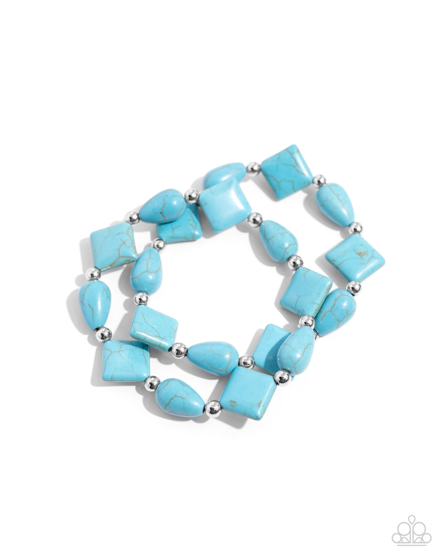 Paparazzi Accessories - EARTHY Riser - Blue Bracelets infused along elastic stretchy bands, turquoise stones in various shapes and silver beads alternate along the wrist for an earthy centerpiece.  Sold as one set of two bracelets.