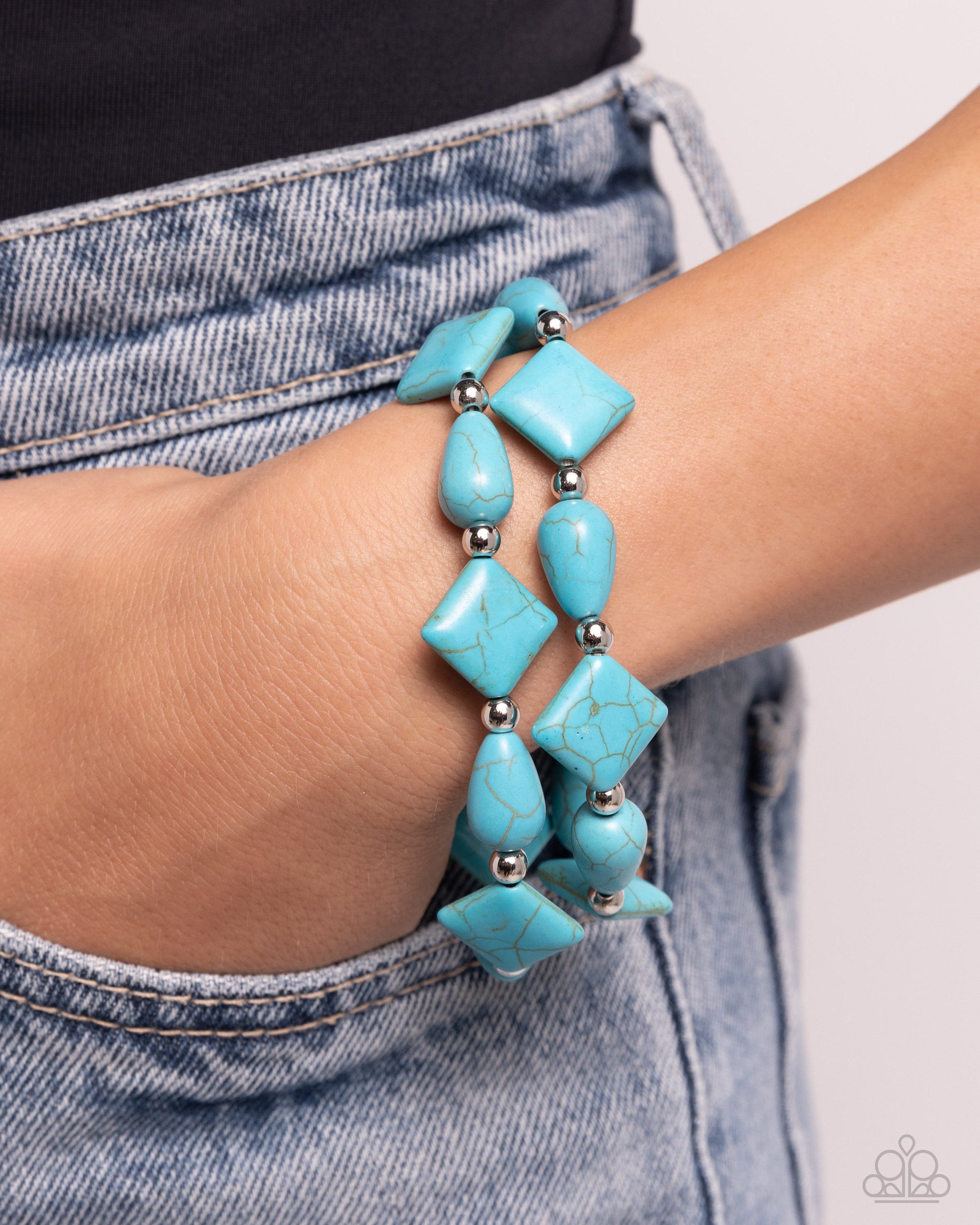 Paparazzi Accessories - EARTHY Riser - Blue Bracelets infused along elastic stretchy bands, turquoise stones in various shapes and silver beads alternate along the wrist for an earthy centerpiece.  Sold as one set of two bracelets.