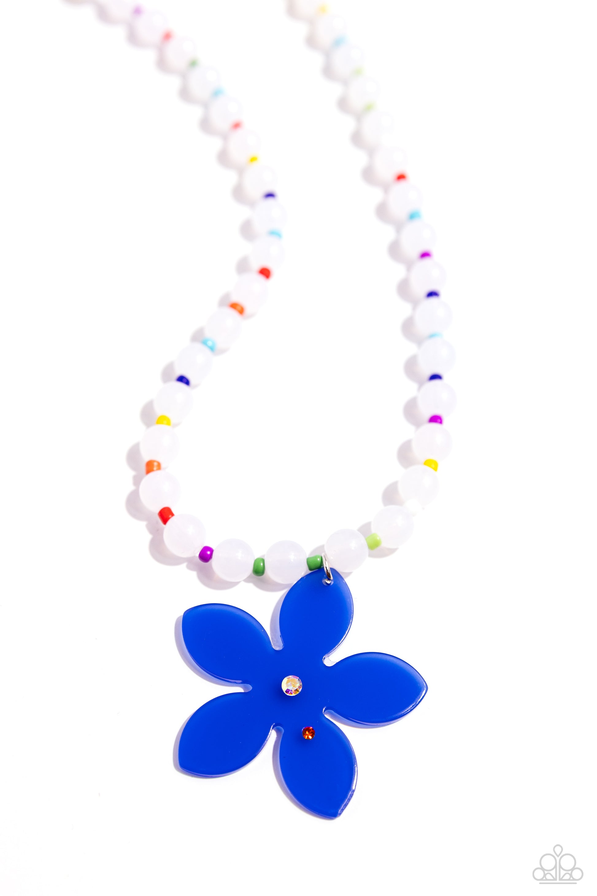 Paparazzi Accessories - Nostalgic Novelty - Blue Necklaces infused along an invisible string around the neckline, a collection of milky white beads alternates with yellow, Kohlrabi, Royal Blue, purple, orange, white, coral, and light blue seed beads. Featuring an iridescent rhinestone center and an orange rhinestone accent, a Royal Blue acrylic flower dangles from the center of the display for a nostalgic finish. Features an adjustable clasp closure. Due to its prismatic palette, color may vary.