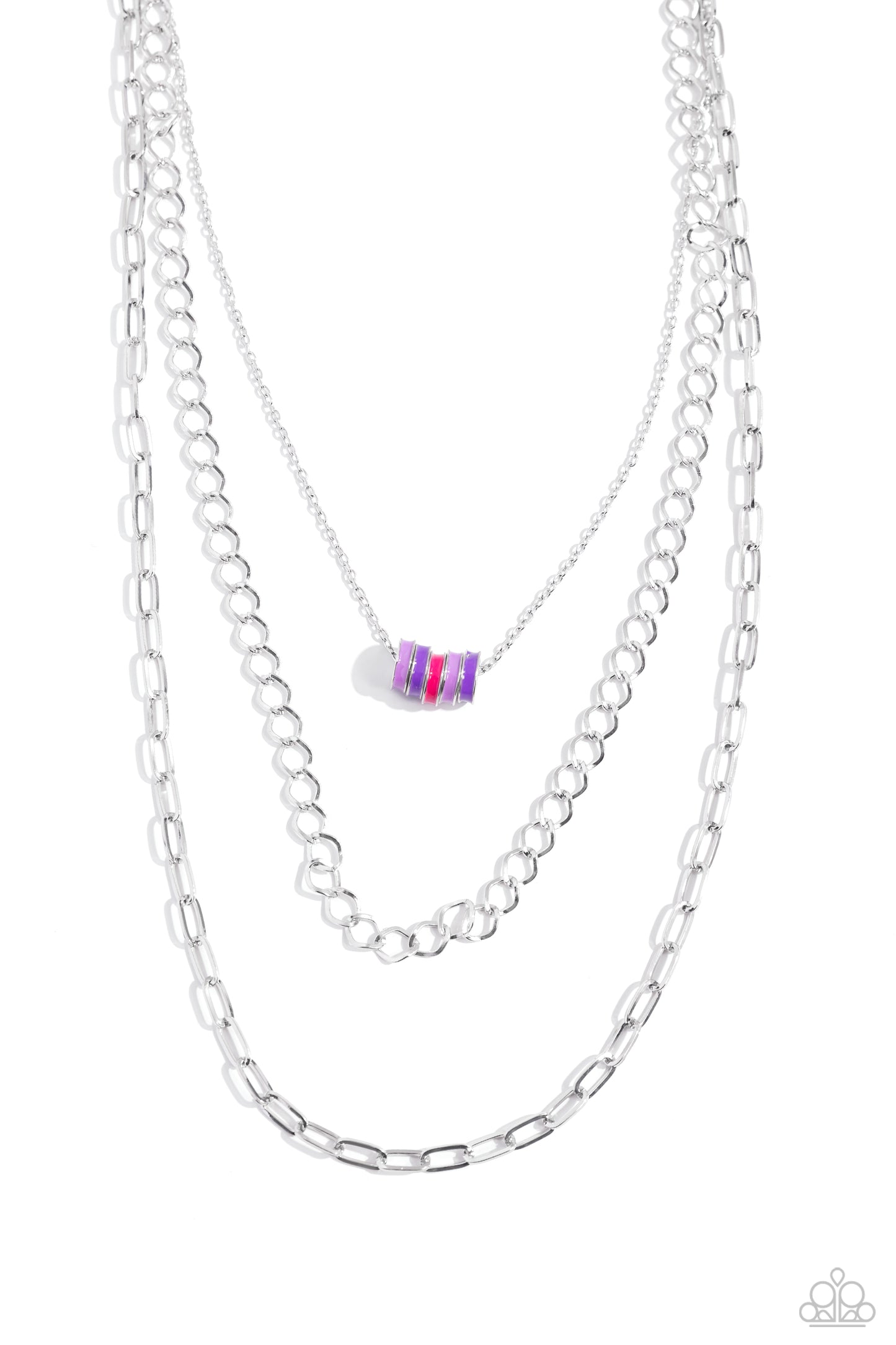 <p>Paparazzi Accessories - Colorful Cadet - Purple Necklaces three mismatched silver chains cascade and layer along the neckline for a sleek look. Strung along the uppermost dainty silver chain, a collection of hot pink, lavender, and purple-painted silver rings add an optimistic splash of color to the look. Features an adjustable clasp closure.</p> <p><i>Sold as one individual necklace. Includes one pair of matching earrings.</i></p>