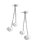 Paparazzi Accessories - Give Us a PEARL! - White Earrings a&nbsp;solitaire white pearl attaches to a double-sided post designed to fasten behind the ear. Dotted in dainty white rhinestones, a duo of shimmery silver box chains swings from the bottom of the solitaire pearl fitting with additional white pearls peeking out behind the ear for a refining finish. Earring attaches to a standard post fitting.  Sold as one pair of post earrings.