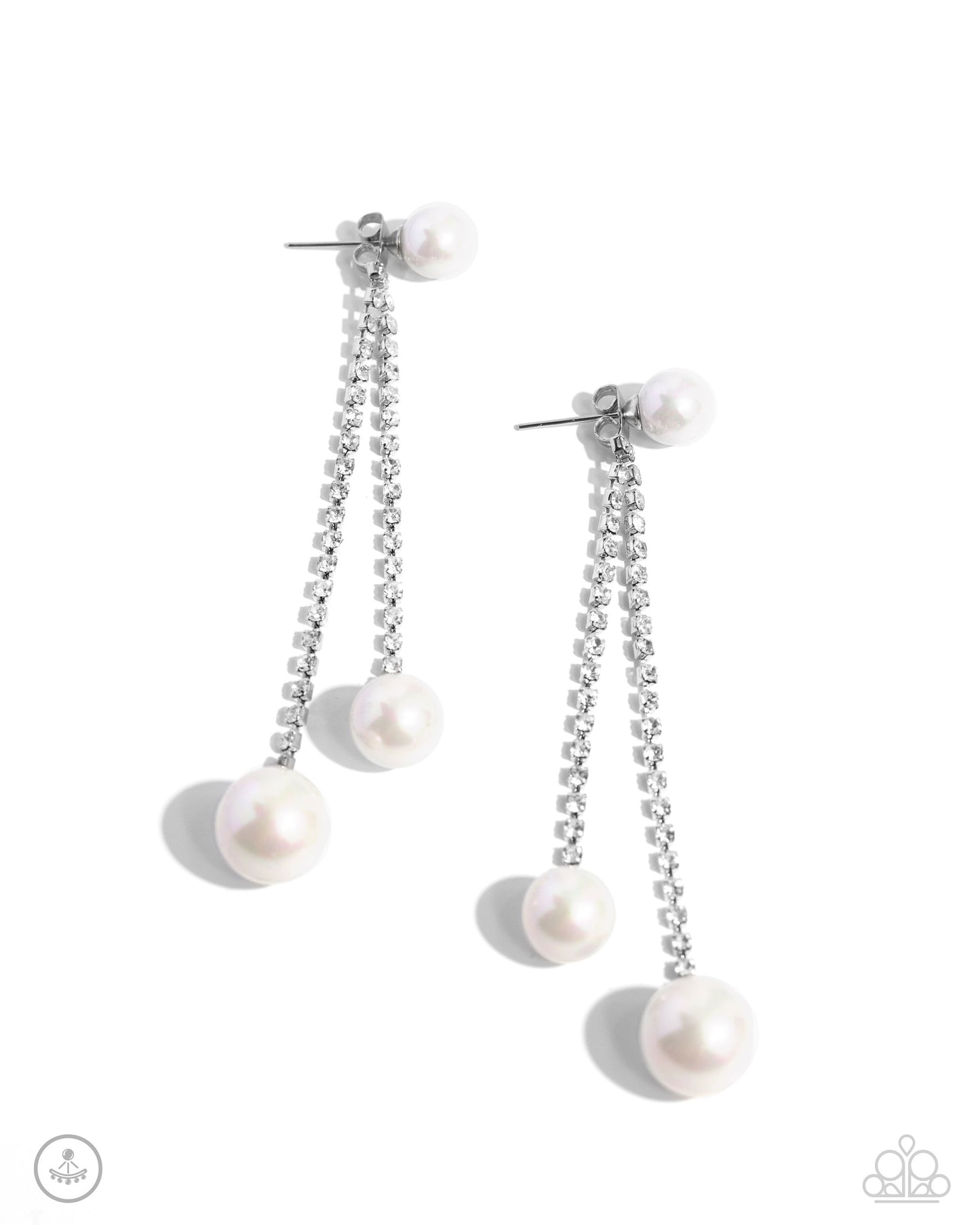 Paparazzi Accessories - Give Us a PEARL! - White Earrings a&nbsp;solitaire white pearl attaches to a double-sided post designed to fasten behind the ear. Dotted in dainty white rhinestones, a duo of shimmery silver box chains swings from the bottom of the solitaire pearl fitting with additional white pearls peeking out behind the ear for a refining finish. Earring attaches to a standard post fitting.  Sold as one pair of post earrings.