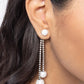 Paparazzi Accessories - Give Us a PEARL! - White Earrings a&nbsp;solitaire white pearl attaches to a double-sided post designed to fasten behind the ear. Dotted in dainty white rhinestones, a duo of shimmery silver box chains swings from the bottom of the solitaire pearl fitting with additional white pearls peeking out behind the ear for a refining finish. Earring attaches to a standard post fitting.  Sold as one pair of post earrings.