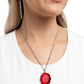 Paparazzi Accessories - Showstopping Season - Red Necklaces gliding along a double silver chain and satellite chain, a faceted red oval is set in an abstract silver frame for a pop of refined color below the chest. Features an adjustable clasp closure.  Sold as one individual necklace. Includes one pair of matching earrings.