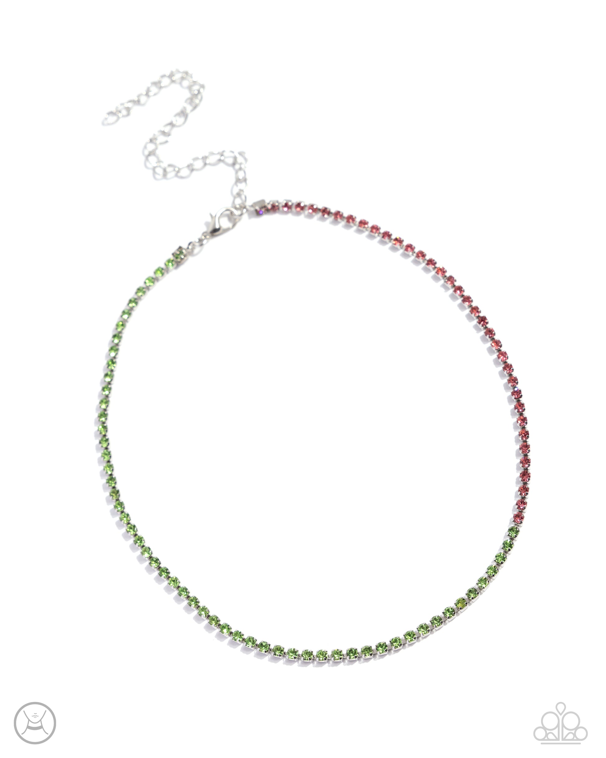 Paparazzi Accessories - Dedicated Duo - Green Necklaces set in sleek silver square fittings, rose rhinestones transition to green rhinestones along the collar for a dazzling, dichromatic display. Features an adjustable clasp closure.  Sold as one individual choker necklace. Includes one pair of matching earrings.