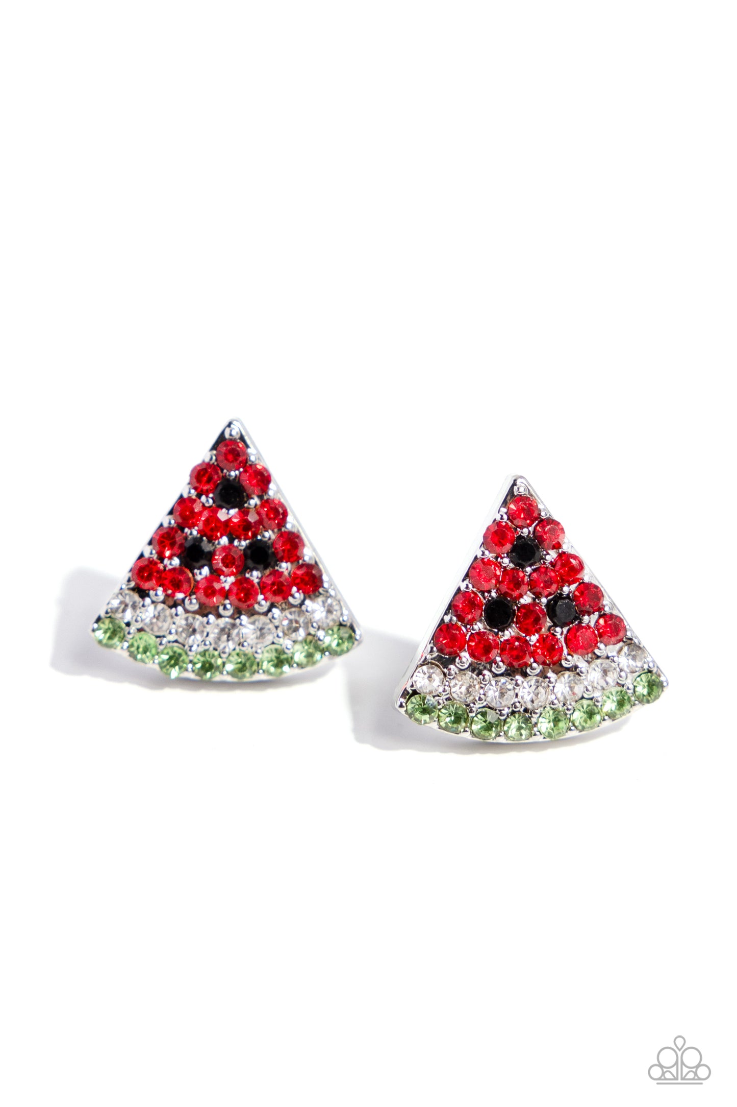 <p>Paparazzi Accessories - Watermelon Slice - Red Earrings featuring red, black, white, and green rhinestones, a silver watermelon-inspired post glitters from the ear for a fresh, fruity design. Earring attaches to a standard post fitting.</p> <p><i>Sold as one pair of post earrings.</i></p>