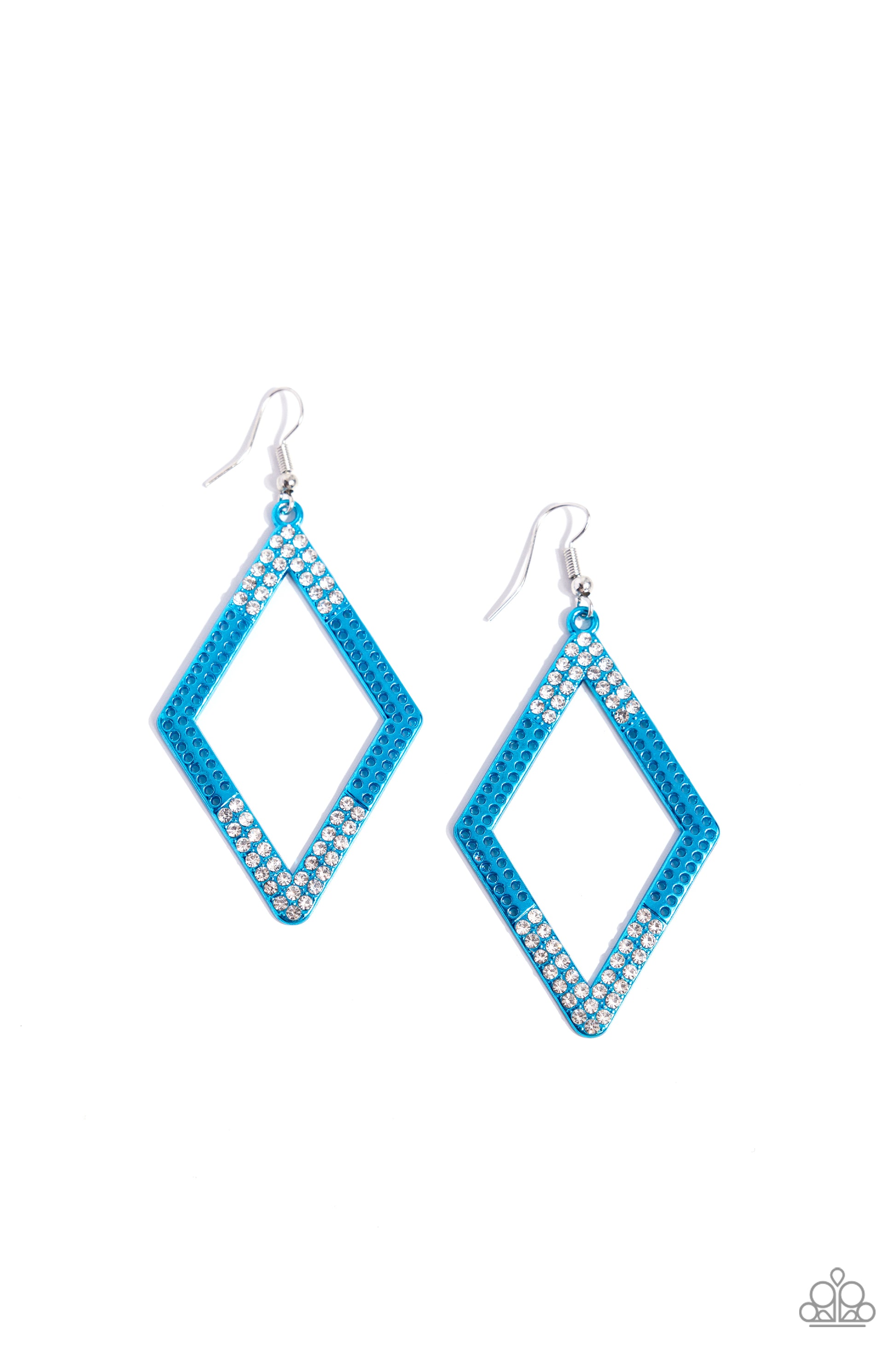 Paparazzi Accessories - Eloquently Edgy - Blue Earrings dipped in an electric blue hue, a dotted diamond frame is sprinkled with dainty white rhinestones on its ends for a dazzling, dynamic design. Earring attaches to a standard fishhook fitting. Sold as one pair of earrings.