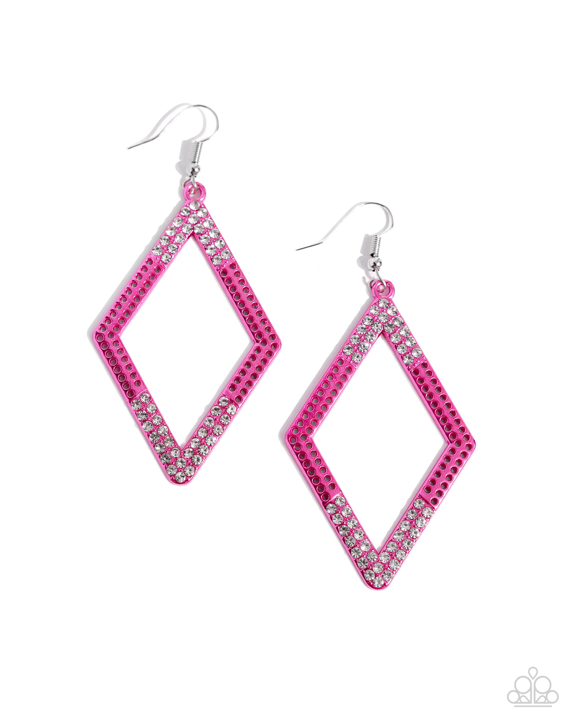 <p data-mce-fragment="1">Paparazzi Accessories - Eloquently Edgy - Pink Earrings dipped in an electric pink hue, a dotted diamond frame is sprinkled with dainty white rhinestones on its ends for a dazzling, dynamic design. Earring attaches to a standard fishhook fitting.</p> <p data-mce-fragment="1"><i data-mce-fragment="1">Sold as one pair of earrings.</i></p>