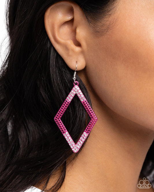 <p data-mce-fragment="1">Paparazzi Accessories - Eloquently Edgy - Pink Earrings dipped in an electric pink hue, a dotted diamond frame is sprinkled with dainty white rhinestones on its ends for a dazzling, dynamic design. Earring attaches to a standard fishhook fitting.</p> <p data-mce-fragment="1"><i data-mce-fragment="1">Sold as one pair of earrings.</i></p>
