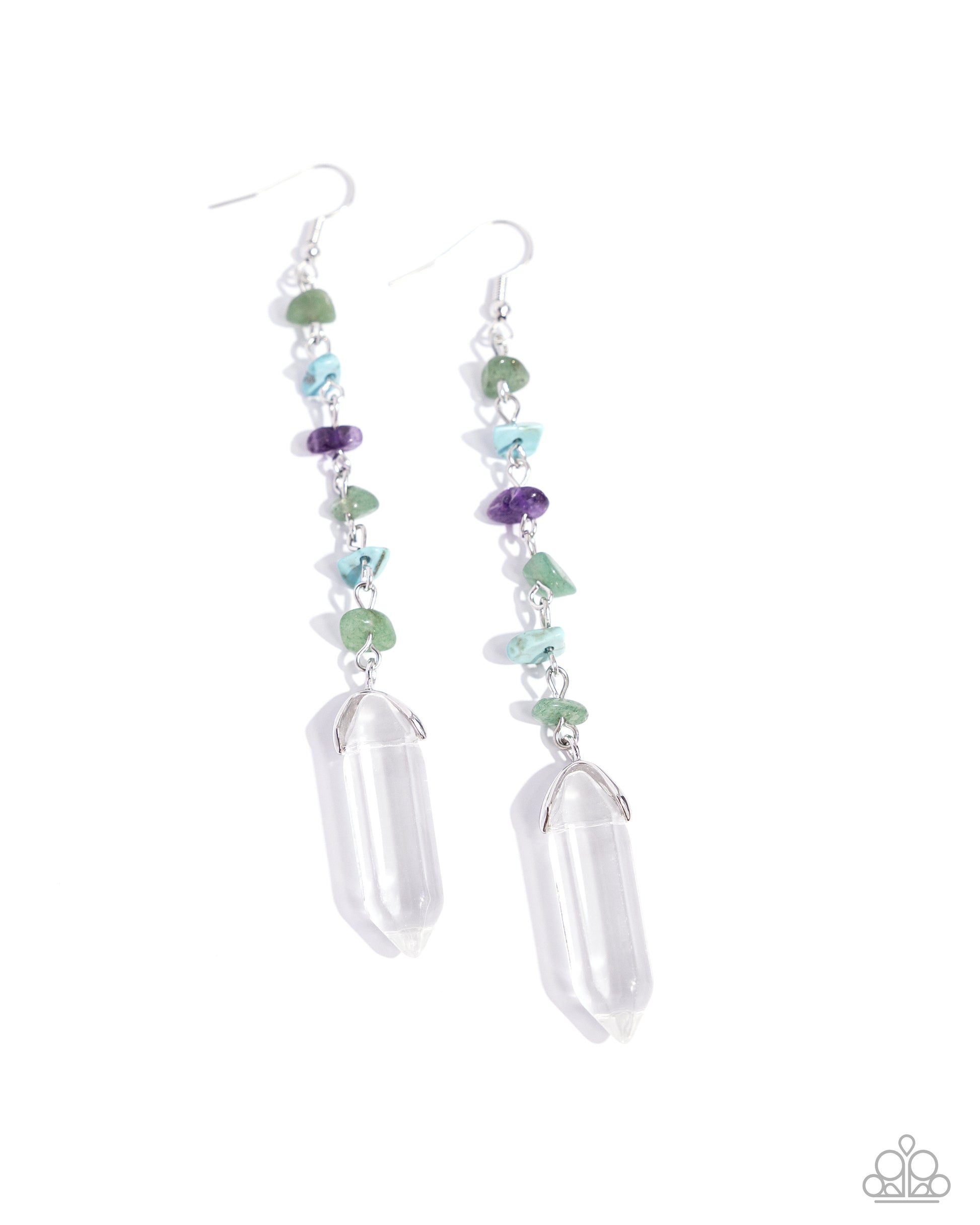 Paparazzi Accessories - Quartz Qualification - Green Earrings chiseled jade, turquoise, and amethyst stones connect down the ear along a silver chain, leading the eye to a clear quartz-like piece at its end for an elegantly earthy lure. Earring attaches to a standard fishhook fitting. As the stone elements in this piece are natural, some color variation is normal. Sold as one pair of earrings.