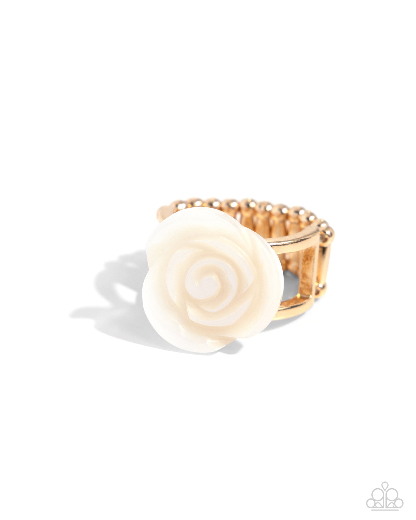 <p>Paparazzi Accessories - Top- SHELL Shine - Gold Rings featured in the center of an airy gold band, a white rosette is formed from shiny shell petals for a blooming basic atop the finger. Features a stretchy band for a flexible fit.</p> <p><i>Sold as one individual ring.</i></p>