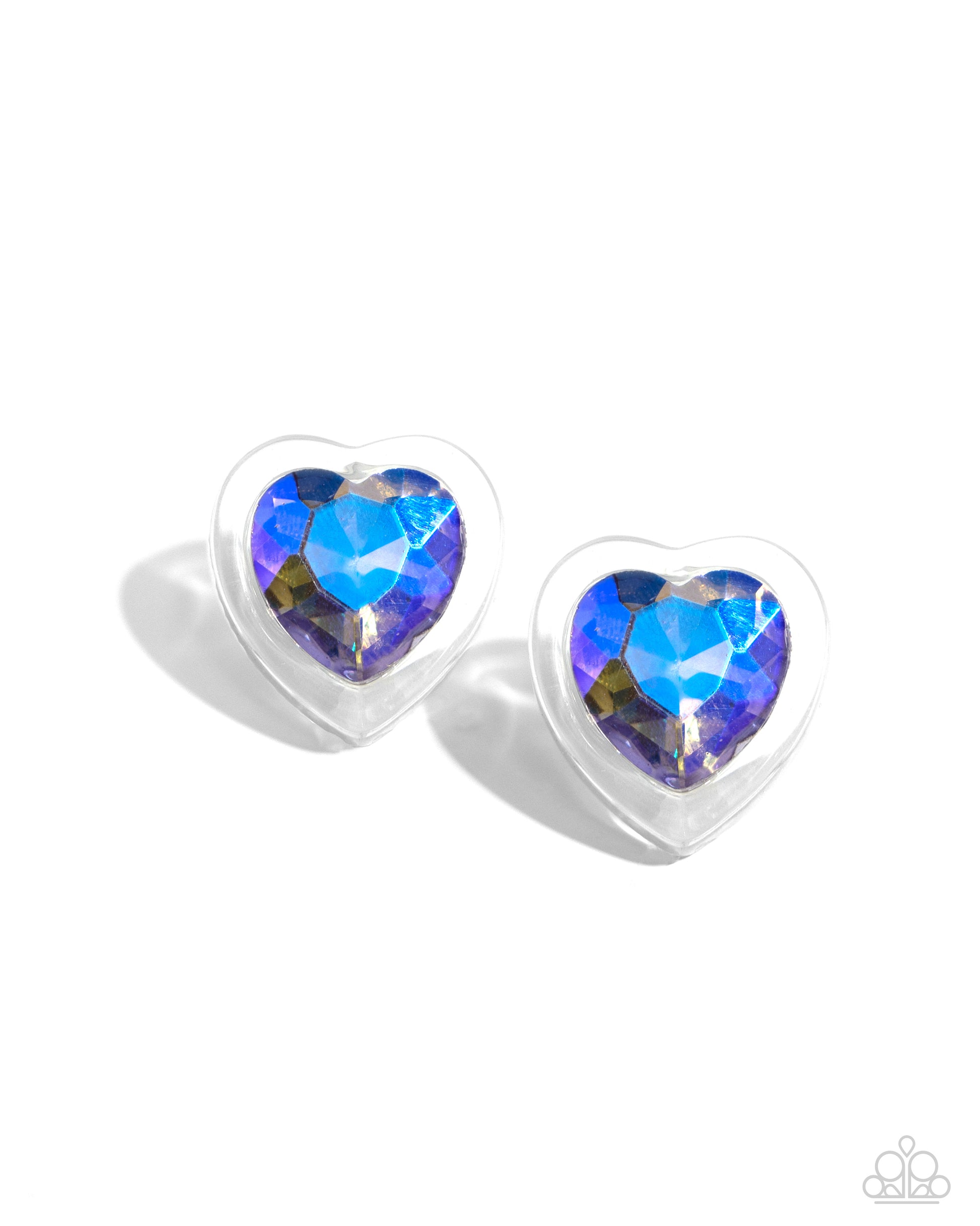 Paparazzi Accessories - Heart-Pounding Haute - Purple Earrings featuring a faceted finish, a thick clear frame gathers around a purple UV shimmery heart center, creating a romantic display. Earring attaches to a standard post fitting.  Sold as one pair of post earrings.